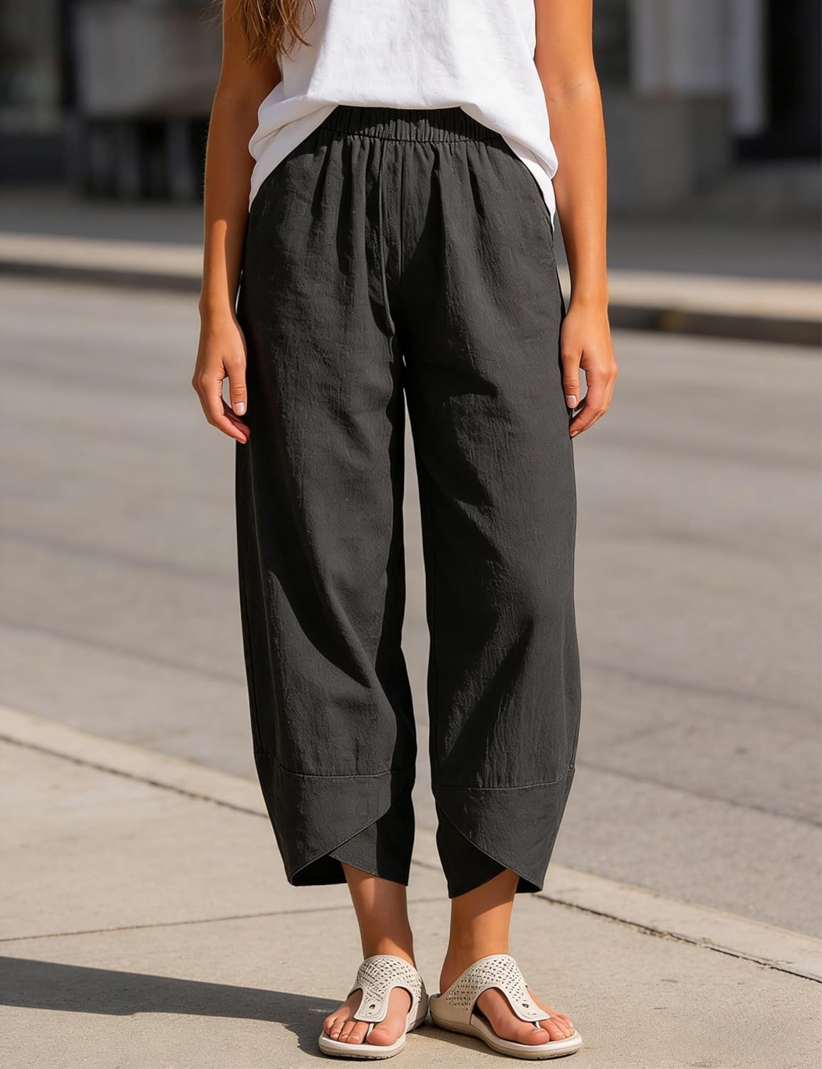 imageSpringrain Womens Capri Pants Casual Summer Cotton Linen Cropped Tulip Pants Lounge Pants TrousersBlack