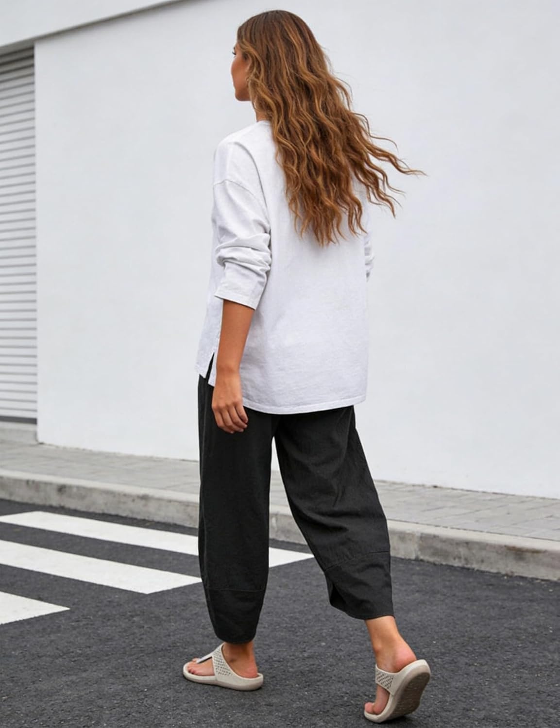 imageSpringrain Womens Capri Pants Casual Summer Cotton Linen Cropped Tulip Pants Lounge Pants TrousersBlack