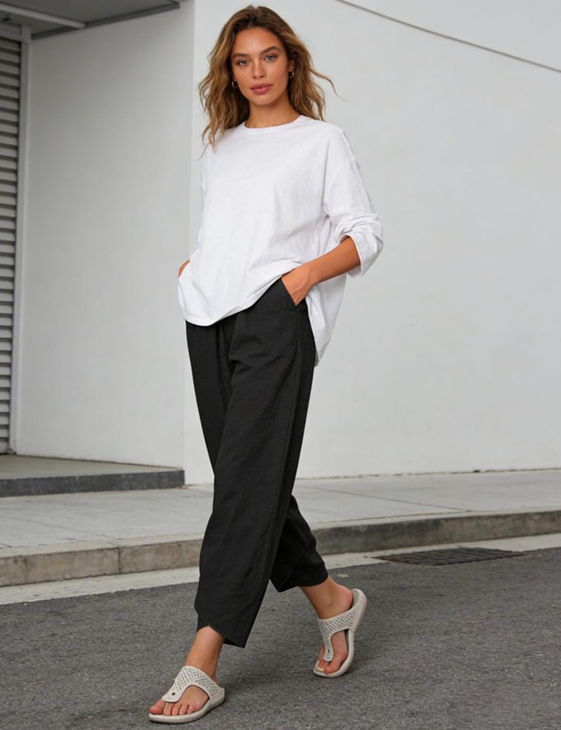 imageSpringrain Womens Capri Pants Casual Summer Cotton Linen Cropped Tulip Pants Lounge Pants TrousersBlack