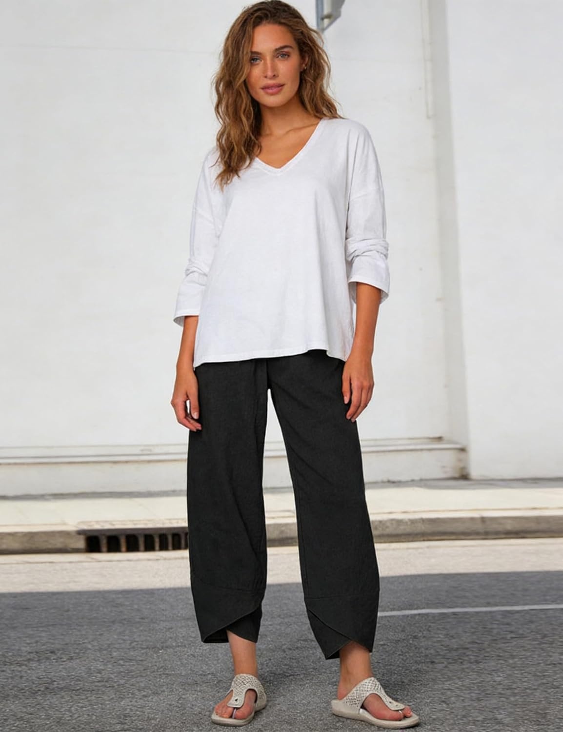 imageSpringrain Womens Capri Pants Casual Summer Cotton Linen Cropped Tulip Pants Lounge Pants TrousersBlack