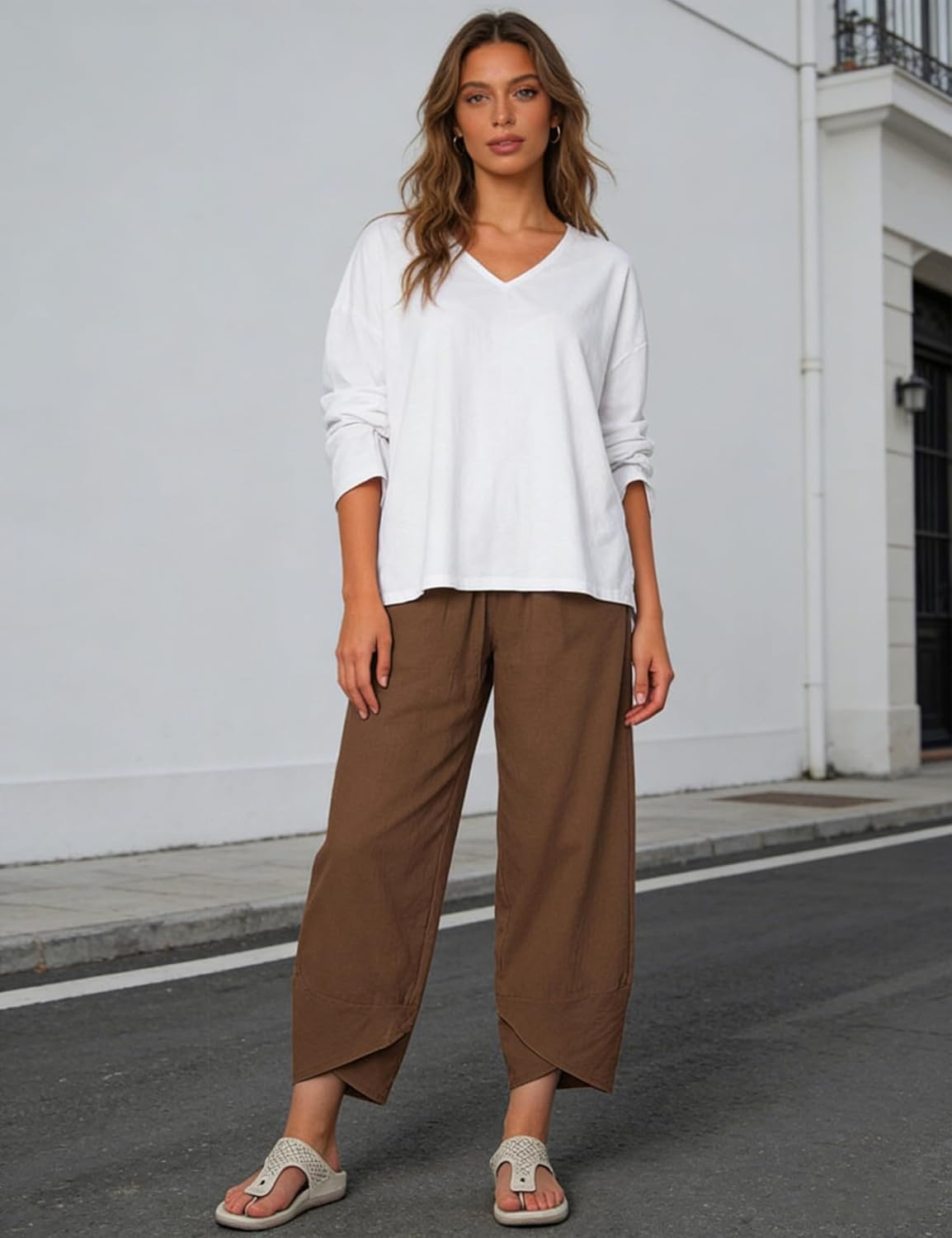 imageSpringrain Womens Capri Pants Casual Summer Cotton Linen Cropped Tulip Pants Lounge Pants TrousersBrown