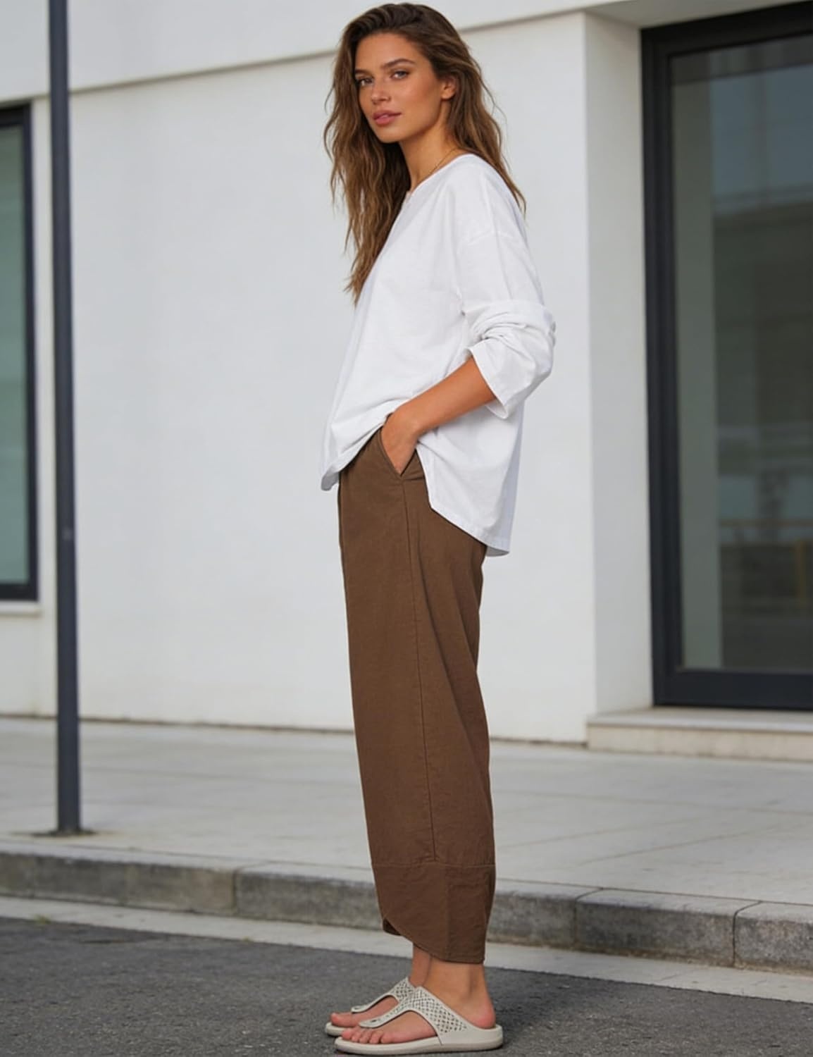 imageSpringrain Womens Capri Pants Casual Summer Cotton Linen Cropped Tulip Pants Lounge Pants TrousersBrown