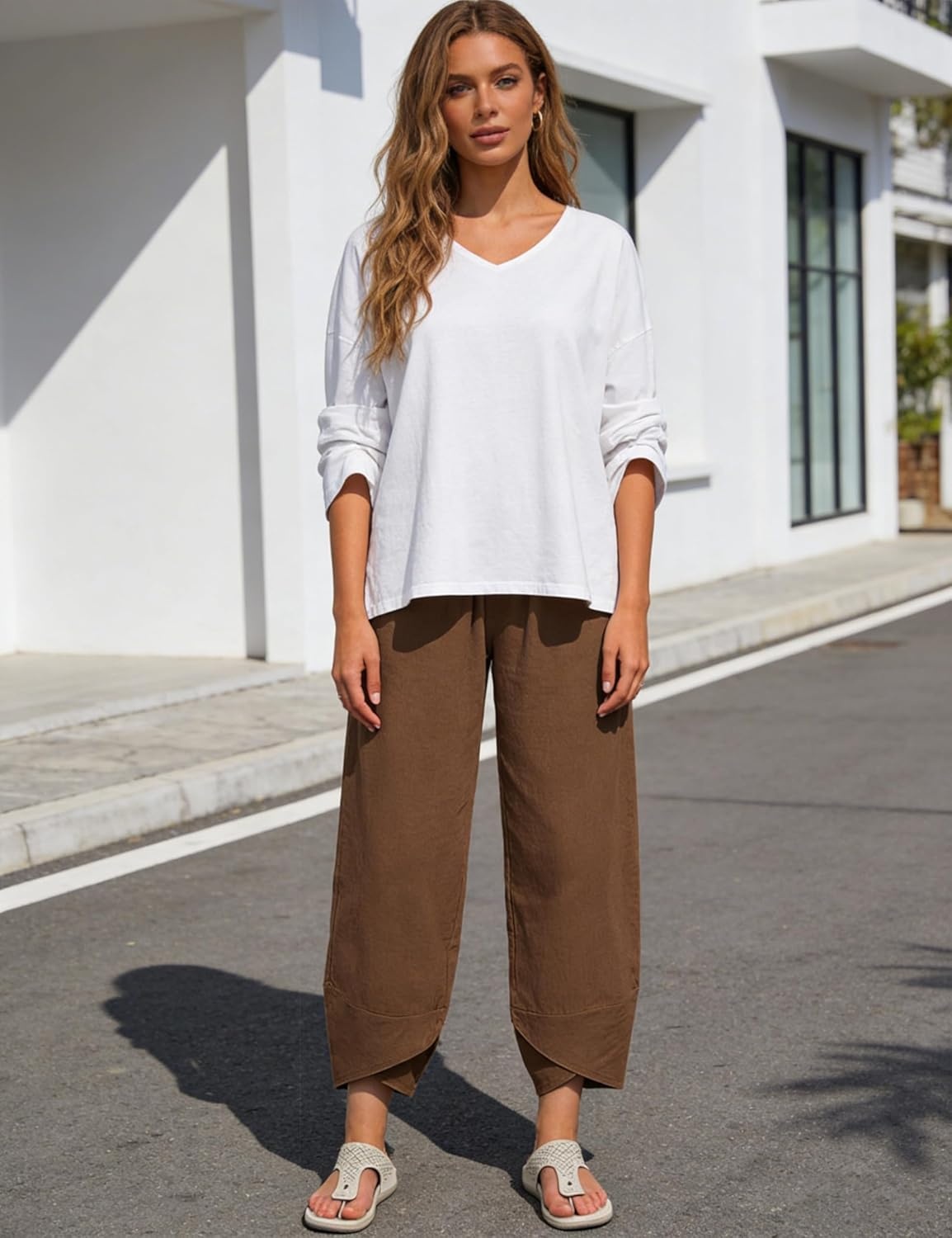 imageSpringrain Womens Capri Pants Casual Summer Cotton Linen Cropped Tulip Pants Lounge Pants TrousersBrown