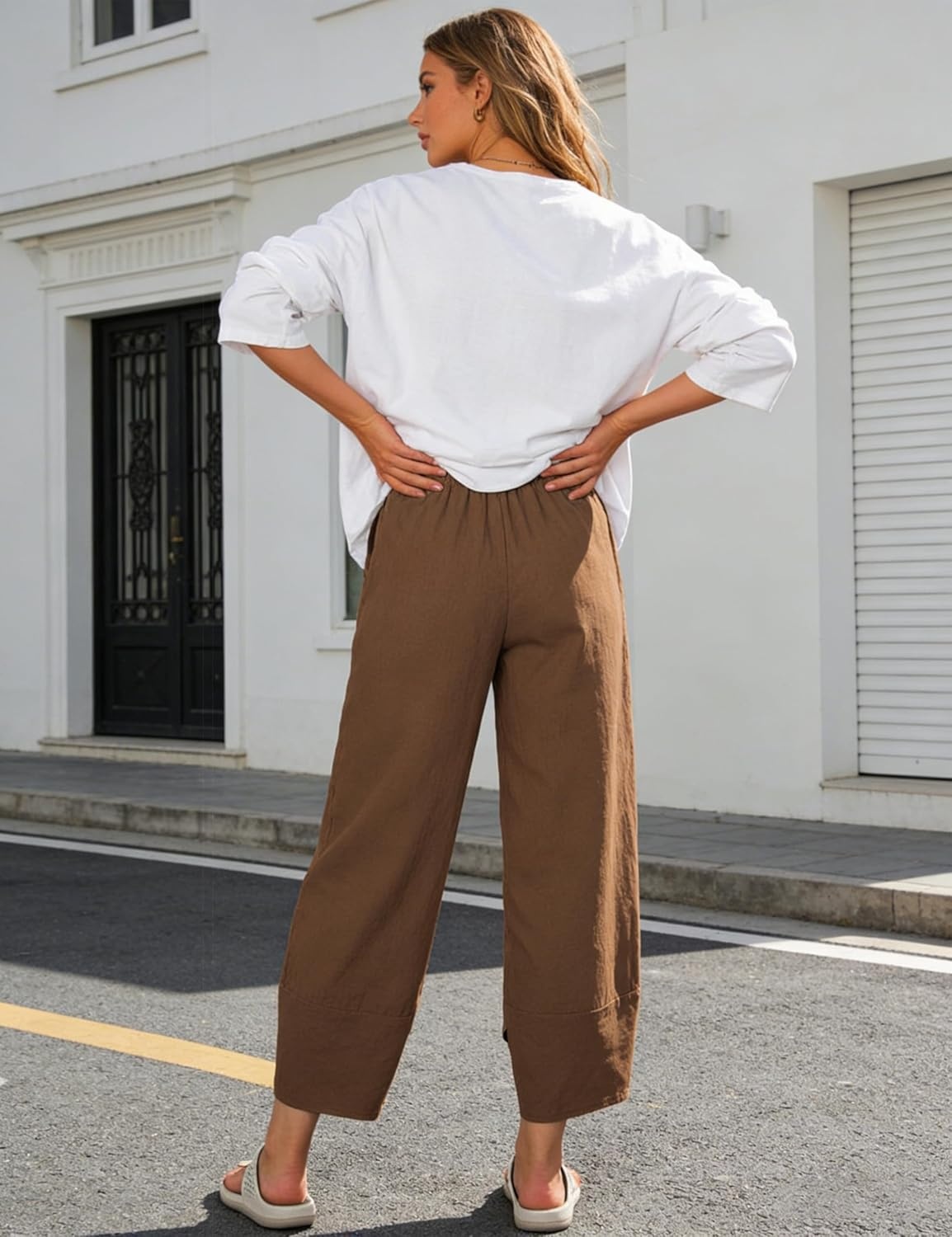 imageSpringrain Womens Capri Pants Casual Summer Cotton Linen Cropped Tulip Pants Lounge Pants TrousersBrown