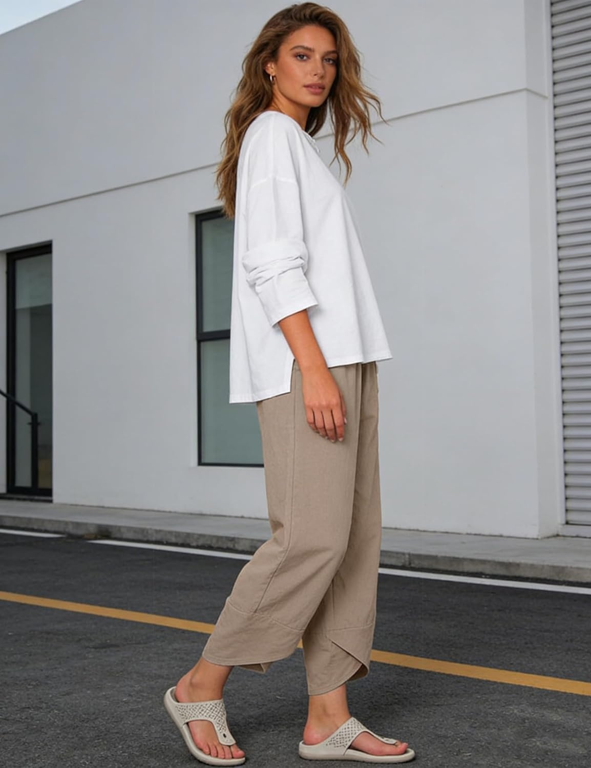 imageSpringrain Womens Capri Pants Casual Summer Cotton Linen Cropped Tulip Pants Lounge Pants TrousersDarkkhaki