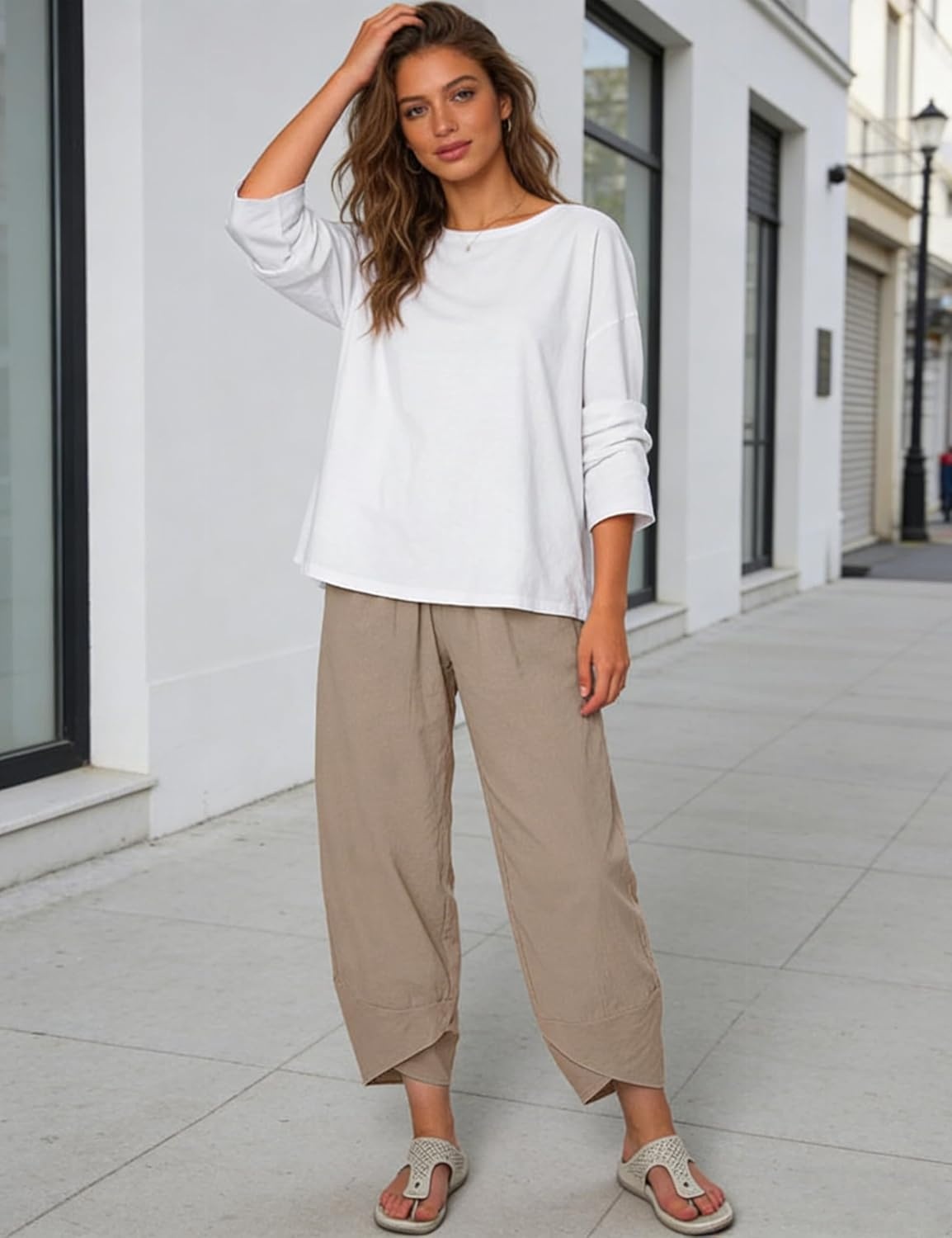 imageSpringrain Womens Capri Pants Casual Summer Cotton Linen Cropped Tulip Pants Lounge Pants TrousersDarkkhaki