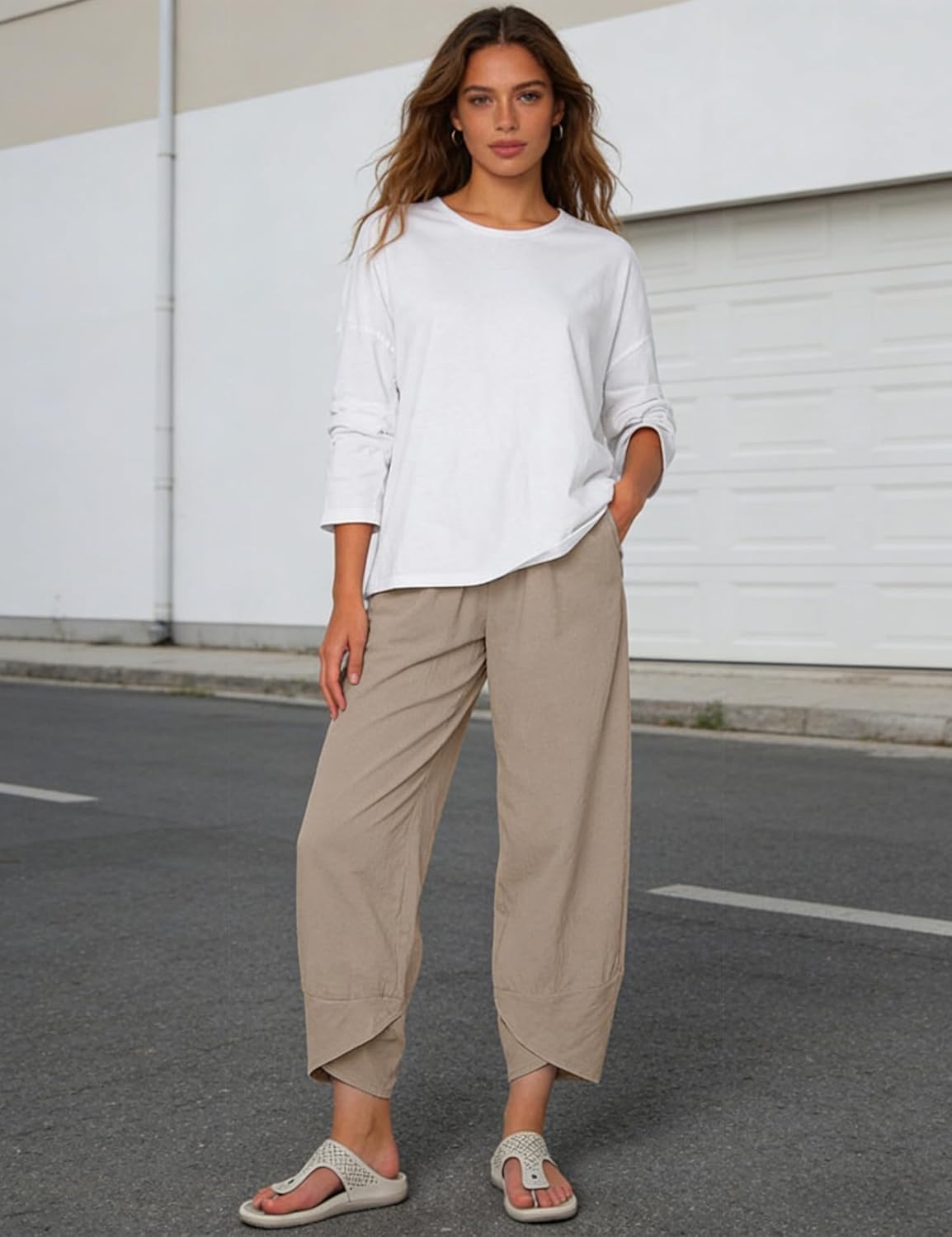 imageSpringrain Womens Capri Pants Casual Summer Cotton Linen Cropped Tulip Pants Lounge Pants TrousersDarkkhaki