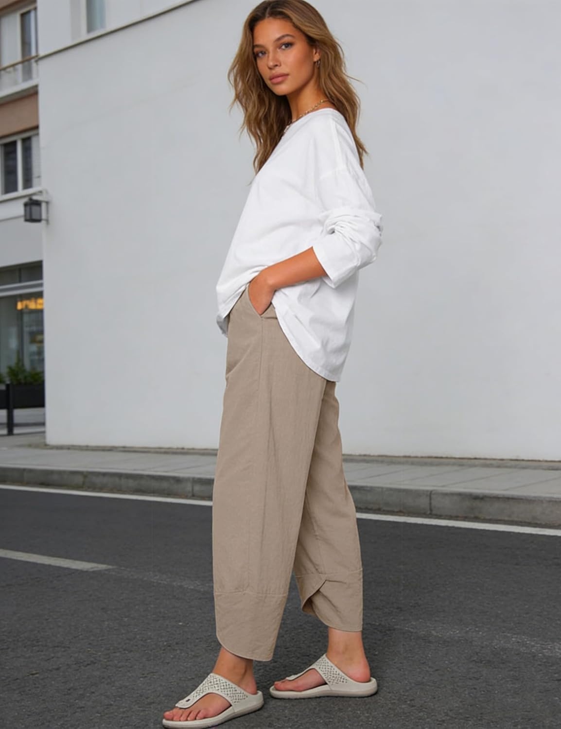 imageSpringrain Womens Capri Pants Casual Summer Cotton Linen Cropped Tulip Pants Lounge Pants TrousersDarkkhaki