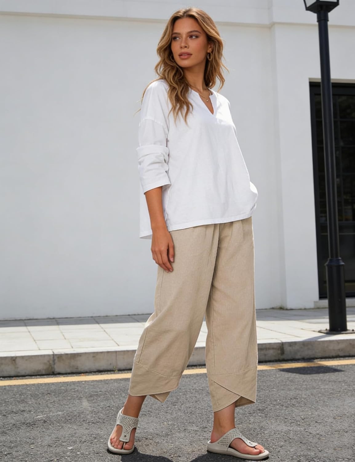 imageSpringrain Womens Capri Pants Casual Summer Cotton Linen Cropped Tulip Pants Lounge Pants TrousersKhaki