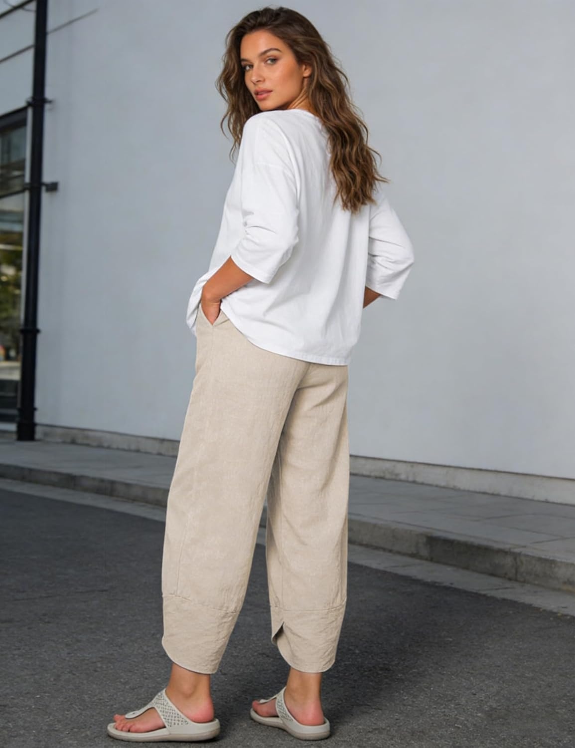 imageSpringrain Womens Capri Pants Casual Summer Cotton Linen Cropped Tulip Pants Lounge Pants TrousersKhaki