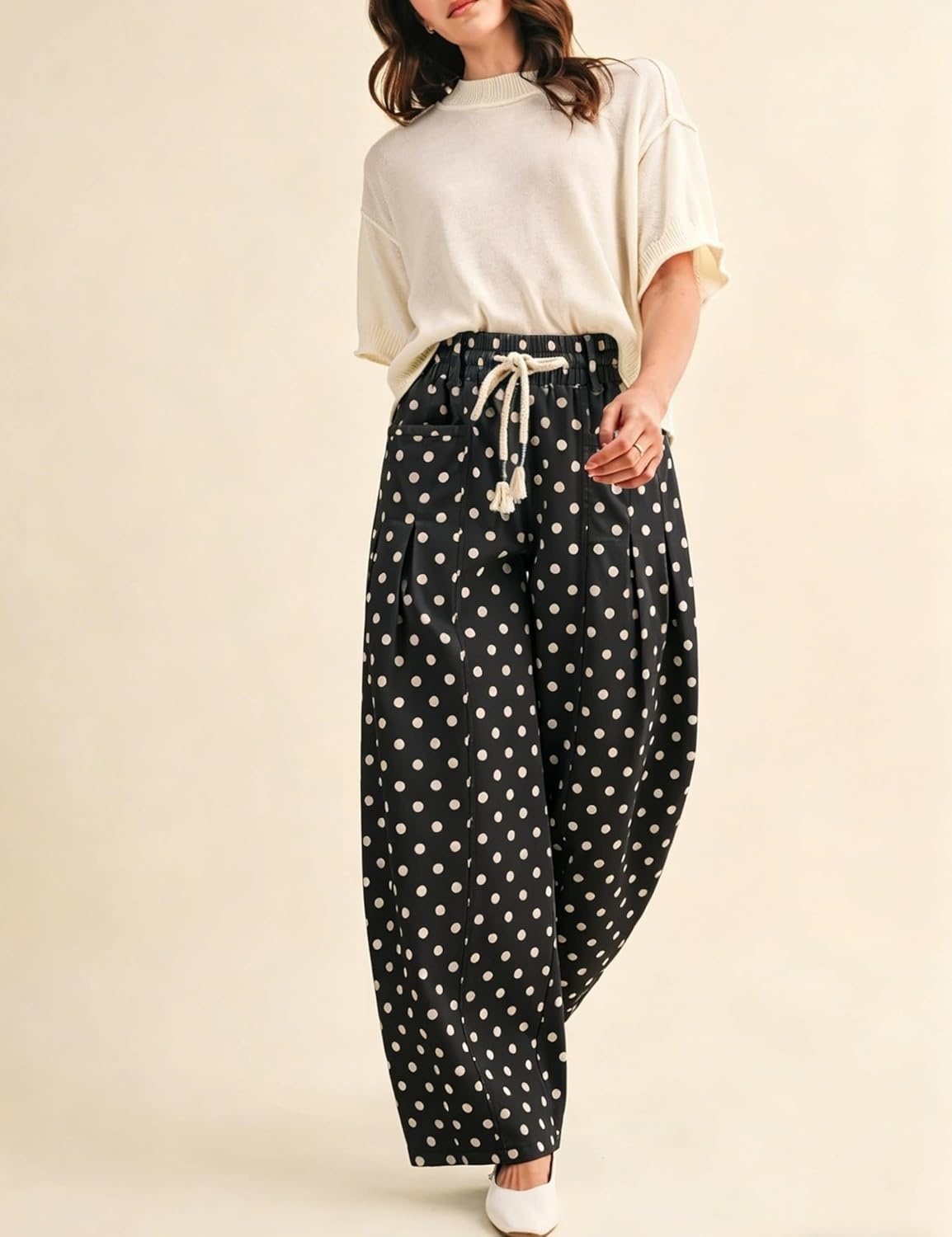 imageSpringrain Womens Polka Dot Wide Leg Pants High Waist Drawstring Pleated Barrel Trousers with PocketsBlack