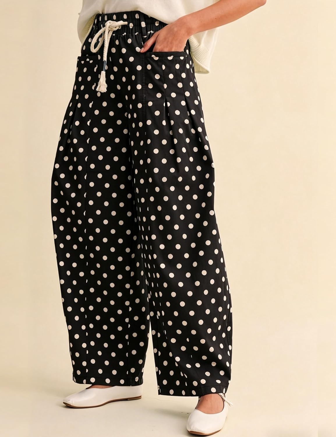 imageSpringrain Womens Polka Dot Wide Leg Pants High Waist Drawstring Pleated Barrel Trousers with PocketsBlack