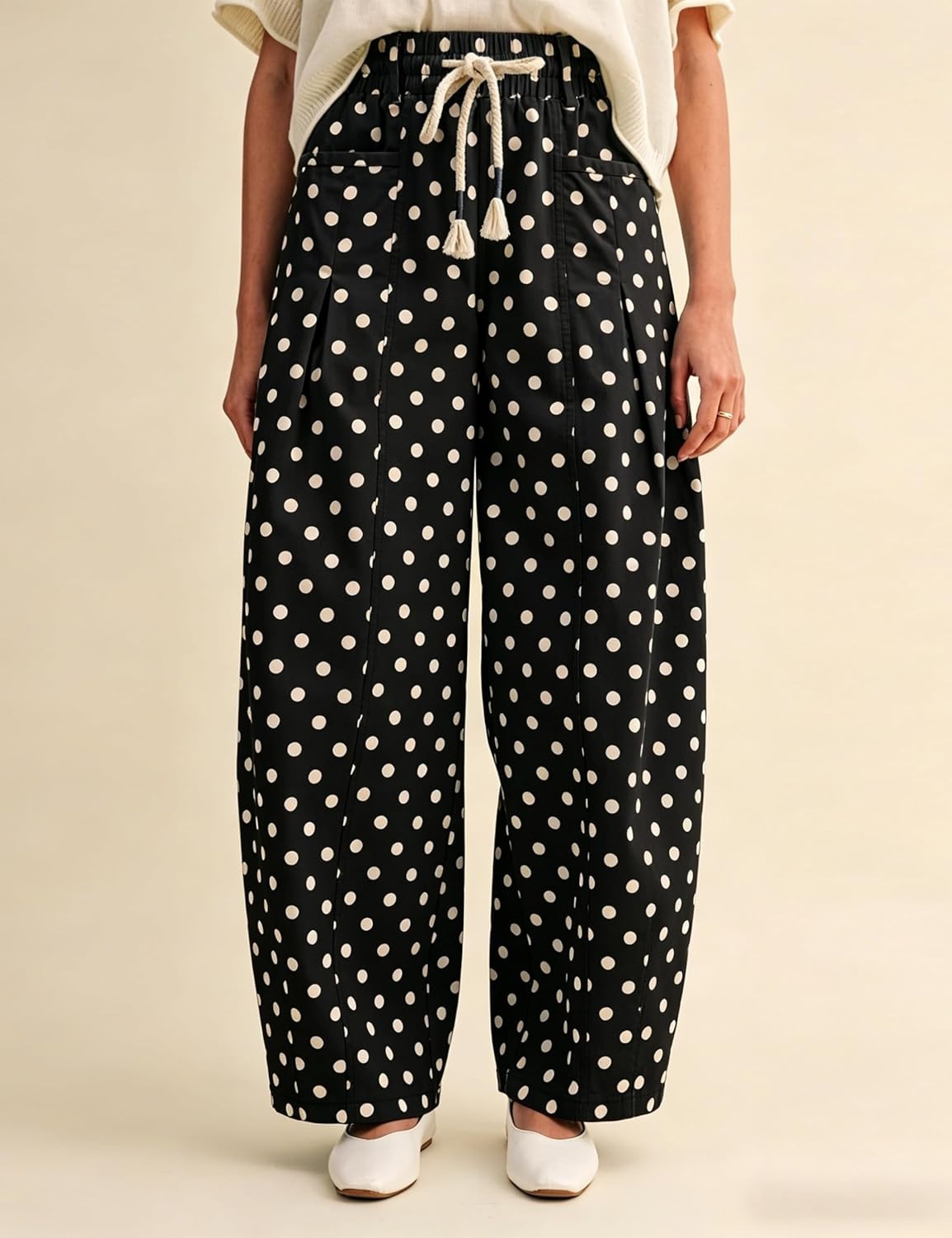 imageSpringrain Womens Polka Dot Wide Leg Pants High Waist Drawstring Pleated Barrel Trousers with PocketsBlack