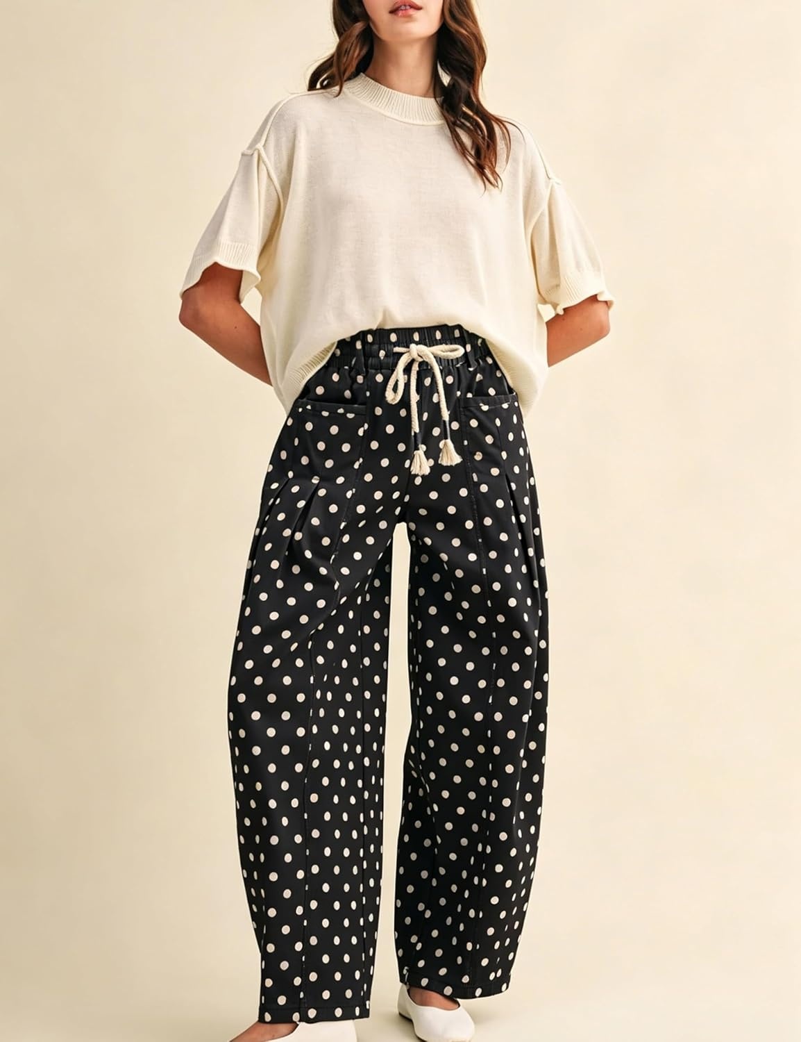 imageSpringrain Womens Polka Dot Wide Leg Pants High Waist Drawstring Pleated Barrel Trousers with PocketsBlack
