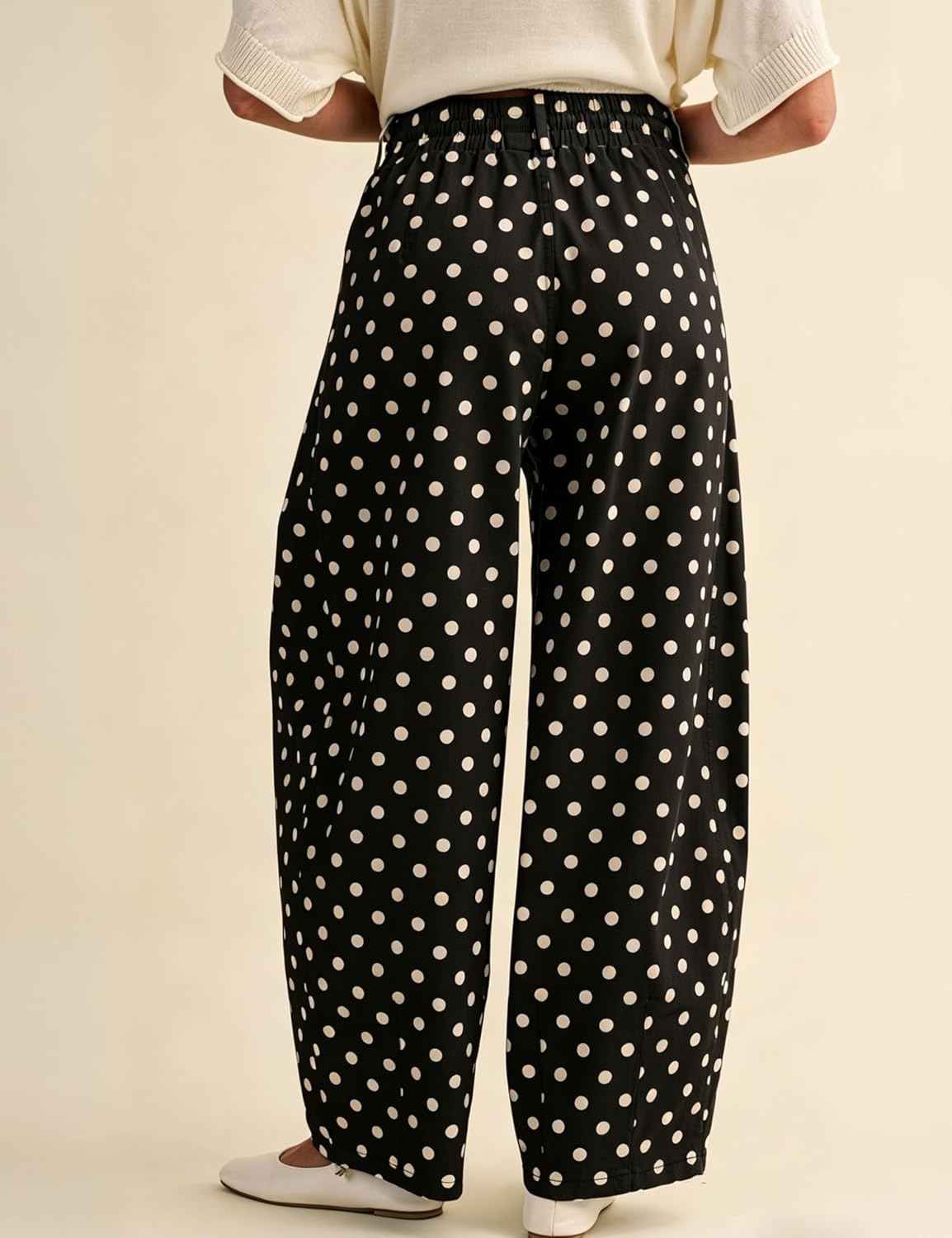 imageSpringrain Womens Polka Dot Wide Leg Pants High Waist Drawstring Pleated Barrel Trousers with PocketsBlack