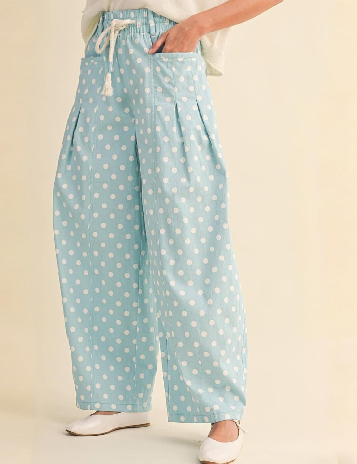 imageSpringrain Womens Polka Dot Wide Leg Pants High Waist Drawstring Pleated Barrel Trousers with PocketsBlue