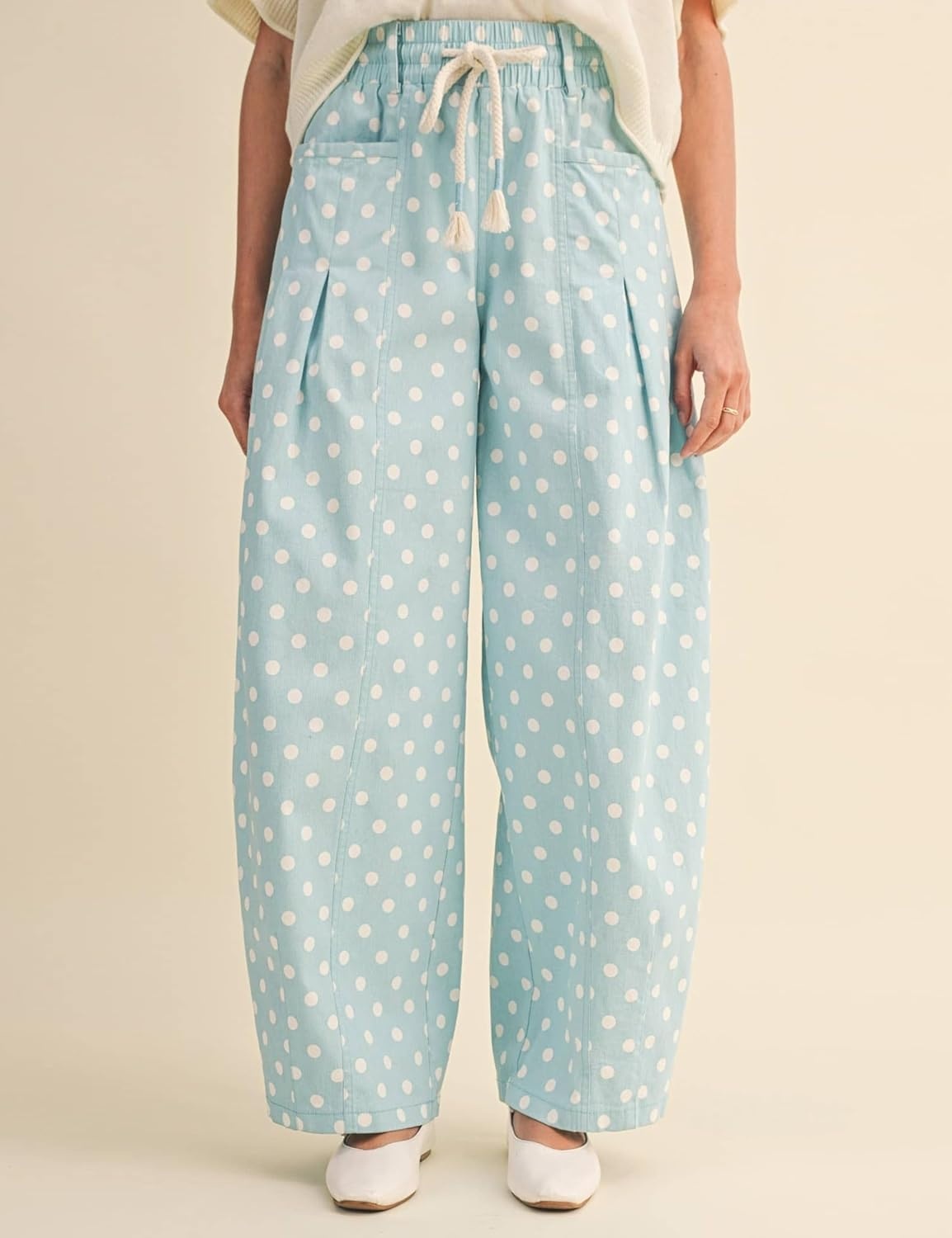 imageSpringrain Womens Polka Dot Wide Leg Pants High Waist Drawstring Pleated Barrel Trousers with PocketsBlue
