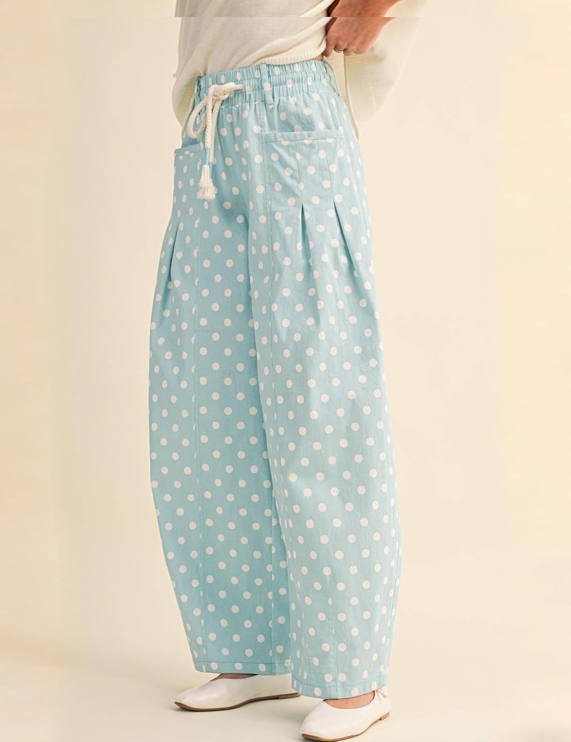 imageSpringrain Womens Polka Dot Wide Leg Pants High Waist Drawstring Pleated Barrel Trousers with PocketsBlue