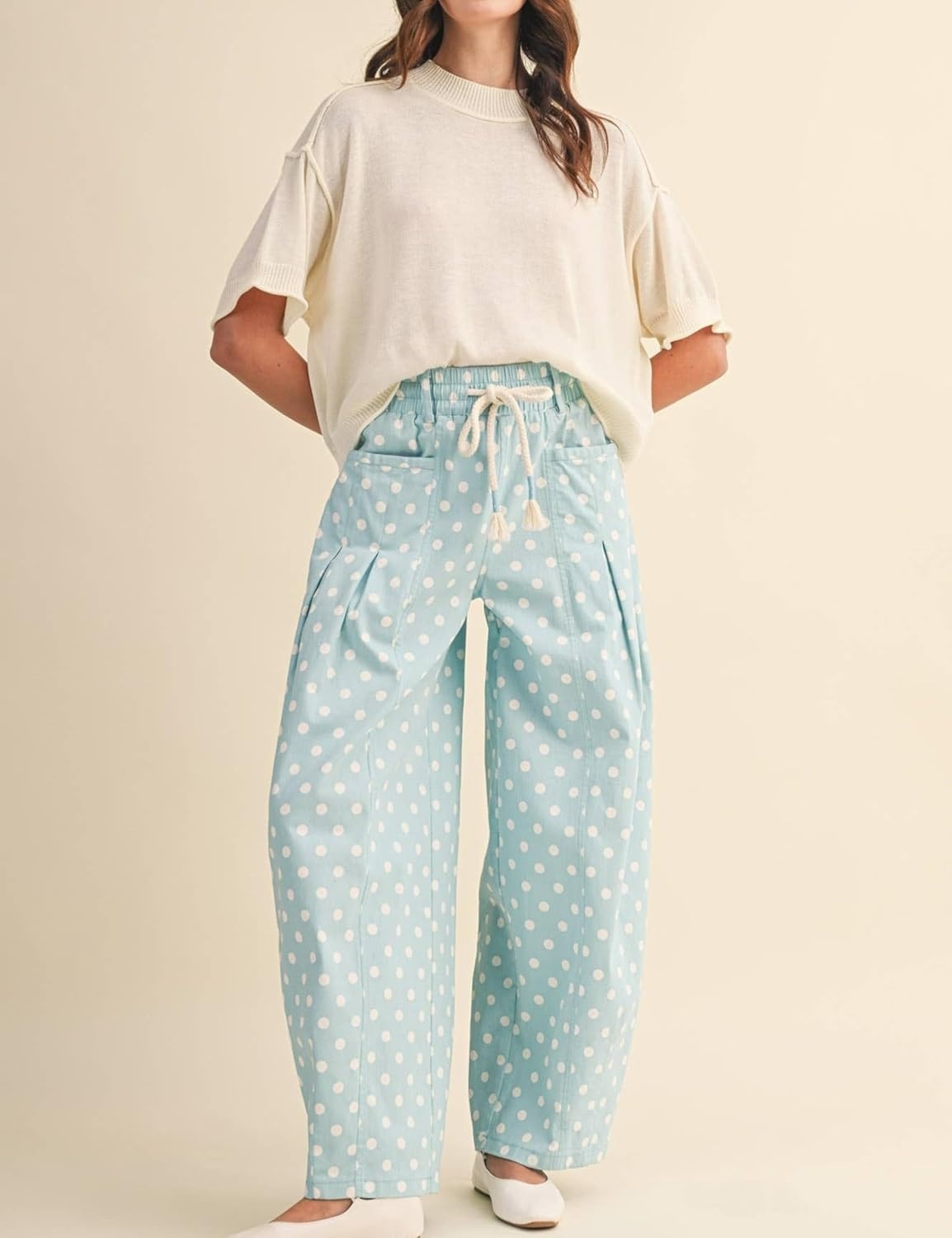imageSpringrain Womens Polka Dot Wide Leg Pants High Waist Drawstring Pleated Barrel Trousers with PocketsBlue