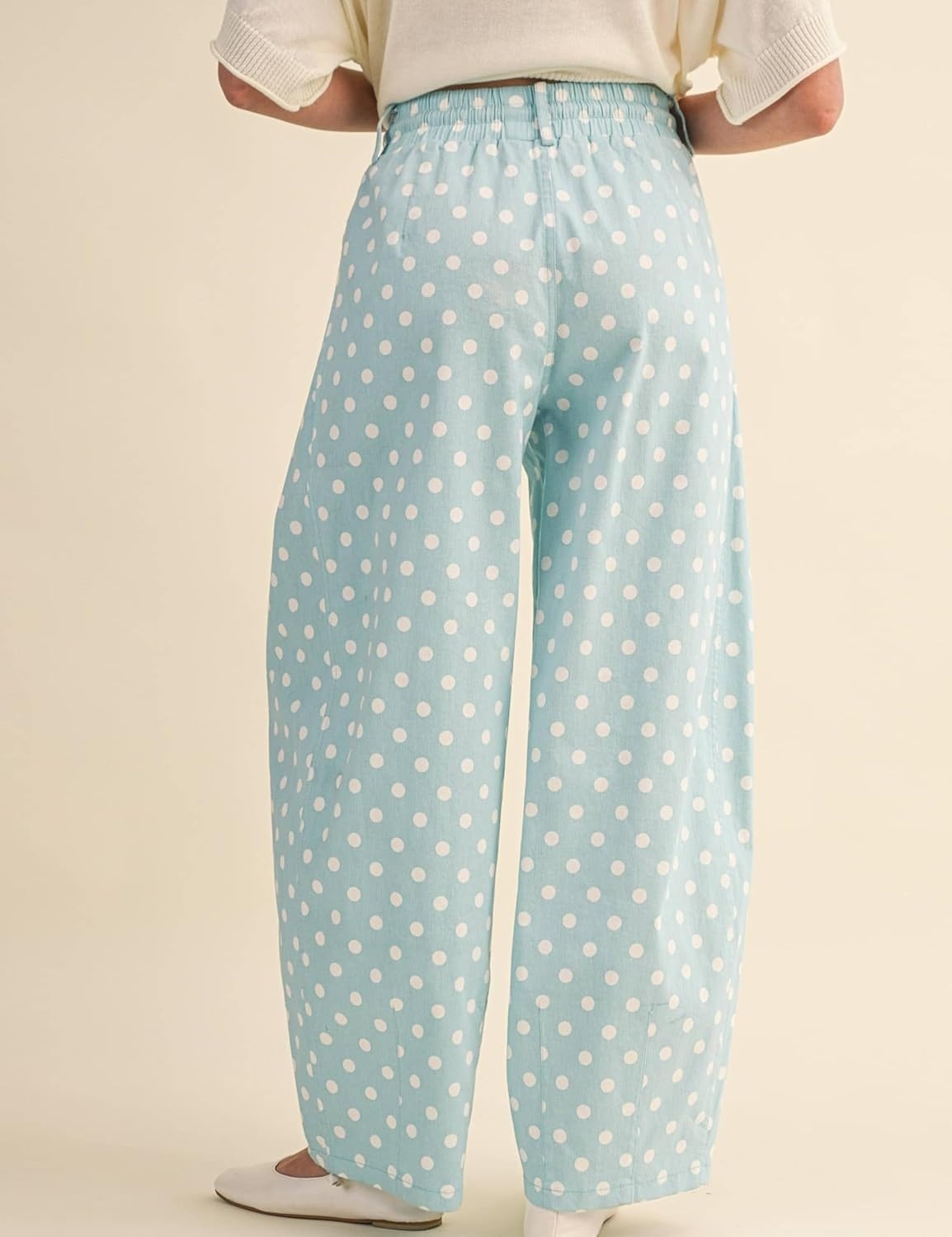 imageSpringrain Womens Polka Dot Wide Leg Pants High Waist Drawstring Pleated Barrel Trousers with PocketsBlue