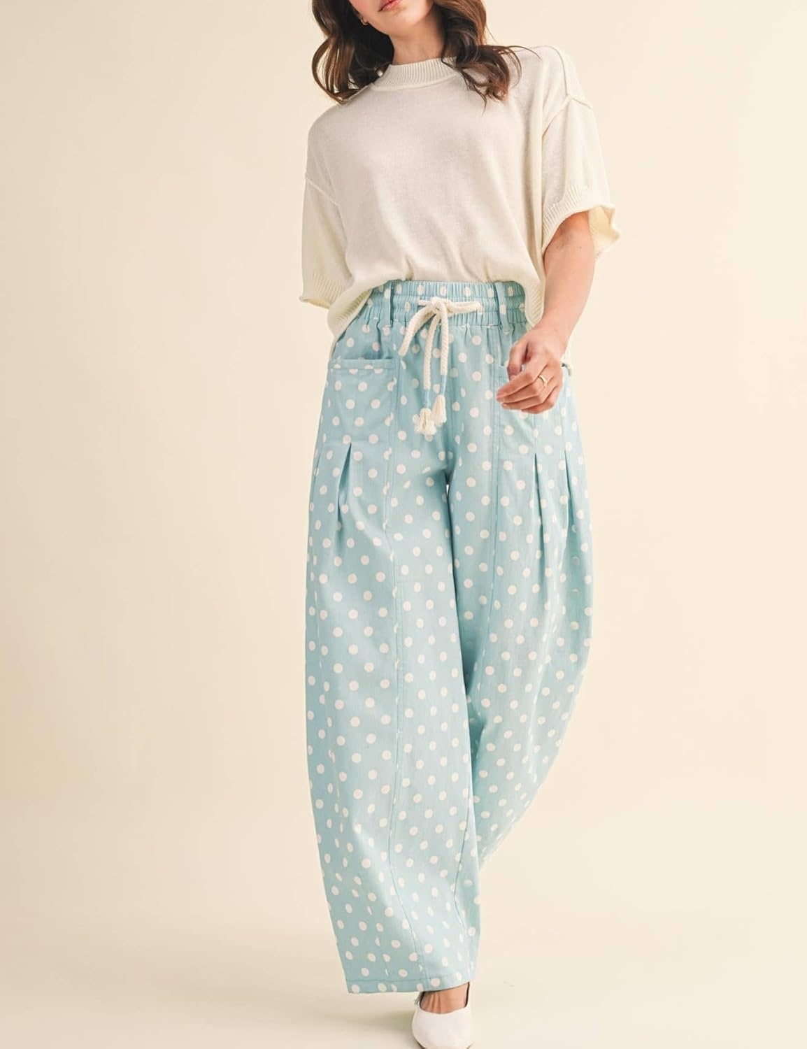 imageSpringrain Womens Polka Dot Wide Leg Pants High Waist Drawstring Pleated Barrel Trousers with PocketsBlue