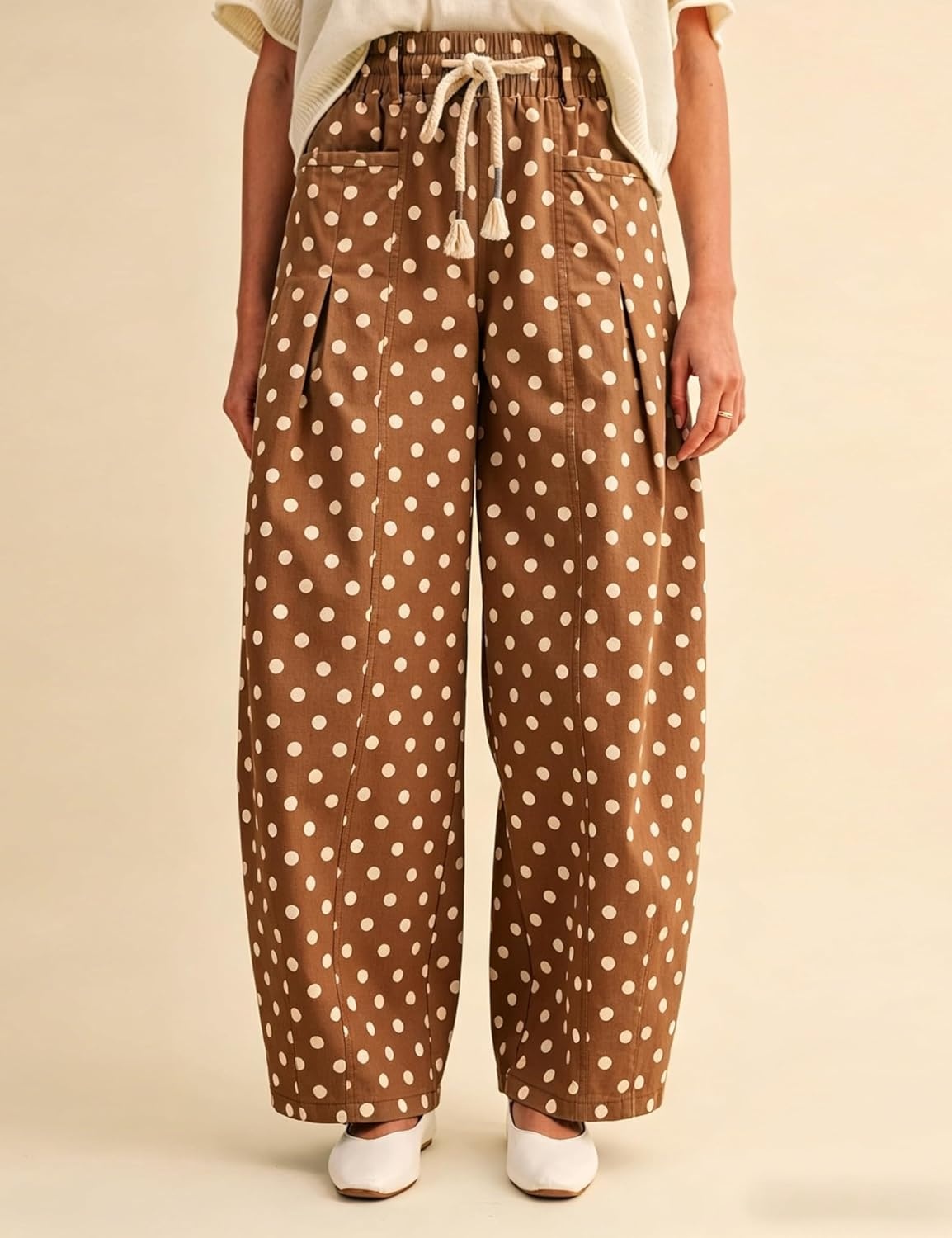imageSpringrain Womens Polka Dot Wide Leg Pants High Waist Drawstring Pleated Barrel Trousers with PocketsBrown
