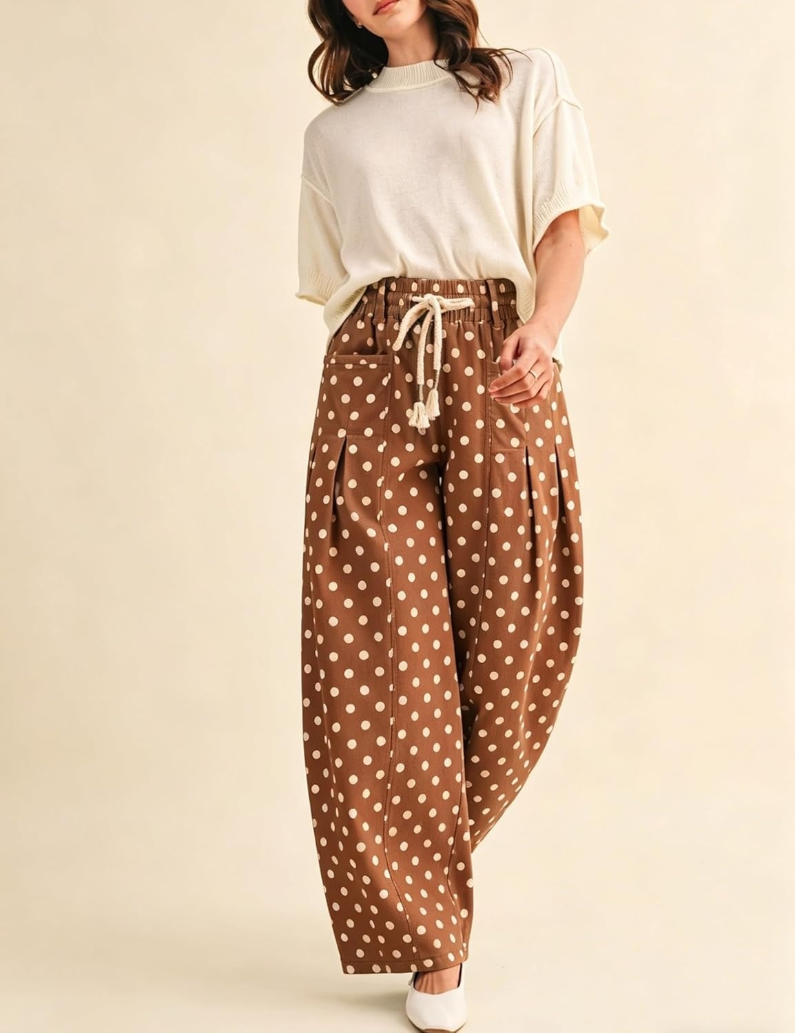 imageSpringrain Womens Polka Dot Wide Leg Pants High Waist Drawstring Pleated Barrel Trousers with PocketsBrown