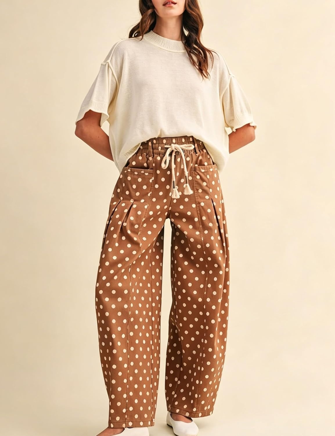 imageSpringrain Womens Polka Dot Wide Leg Pants High Waist Drawstring Pleated Barrel Trousers with PocketsBrown