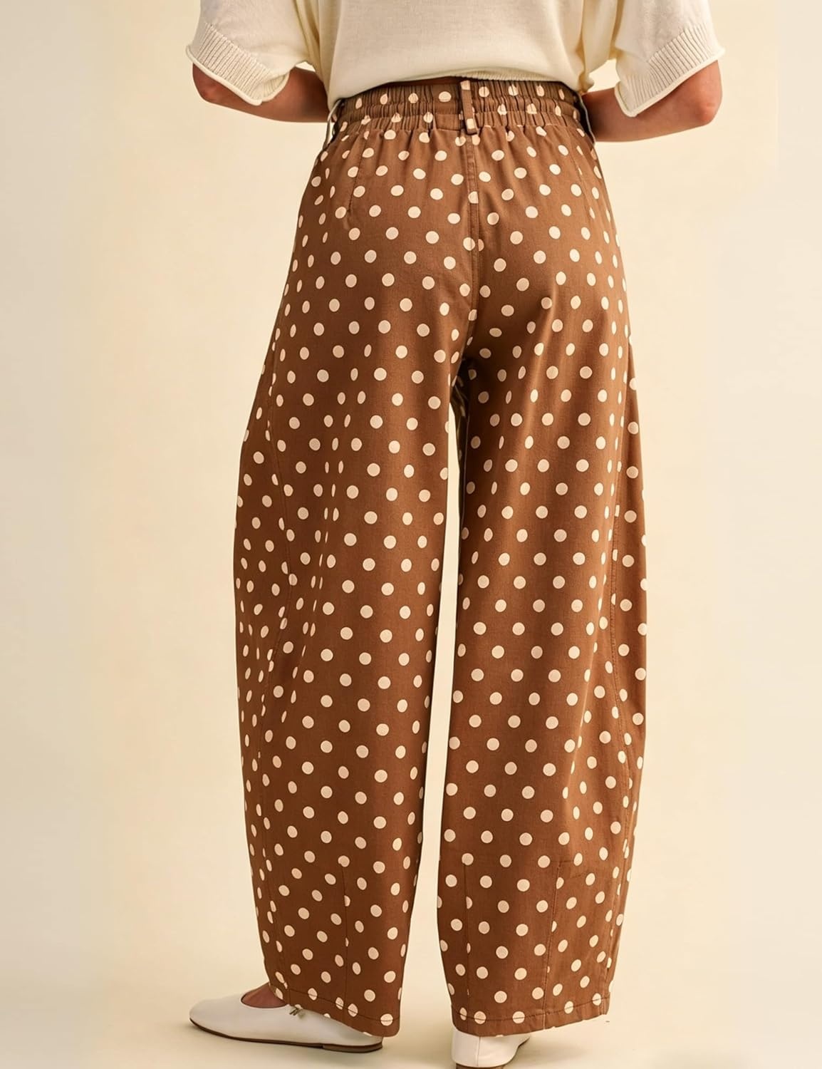imageSpringrain Womens Polka Dot Wide Leg Pants High Waist Drawstring Pleated Barrel Trousers with PocketsBrown