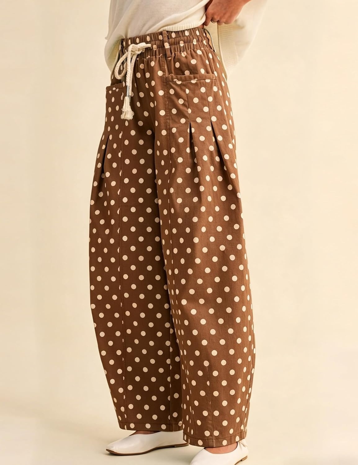 imageSpringrain Womens Polka Dot Wide Leg Pants High Waist Drawstring Pleated Barrel Trousers with PocketsBrown