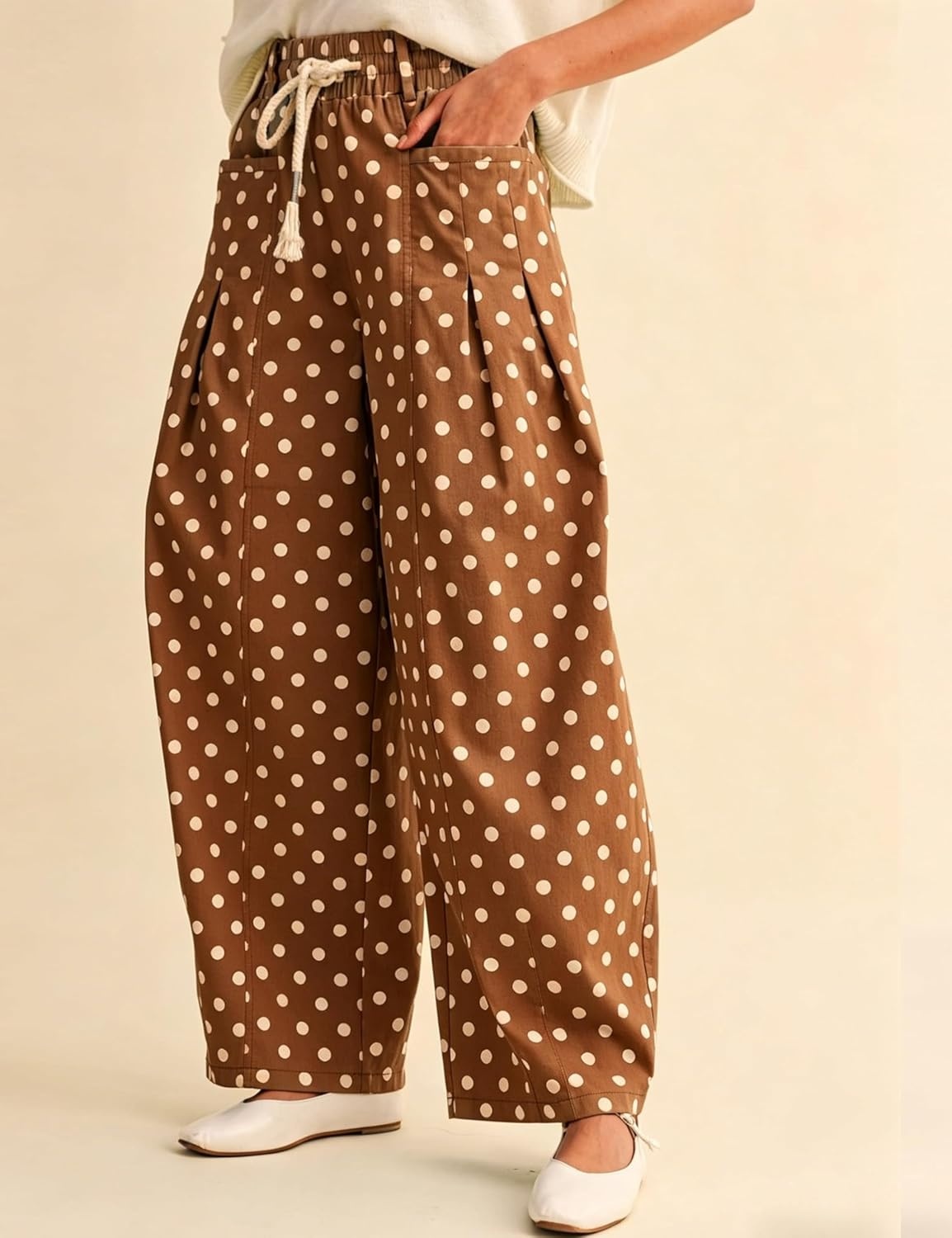 imageSpringrain Womens Polka Dot Wide Leg Pants High Waist Drawstring Pleated Barrel Trousers with PocketsBrown