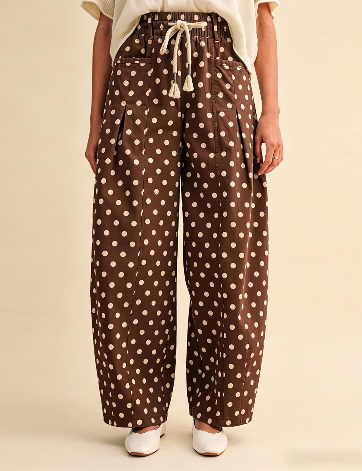 imageSpringrain Womens Polka Dot Wide Leg Pants High Waist Drawstring Pleated Barrel Trousers with PocketsCoffee