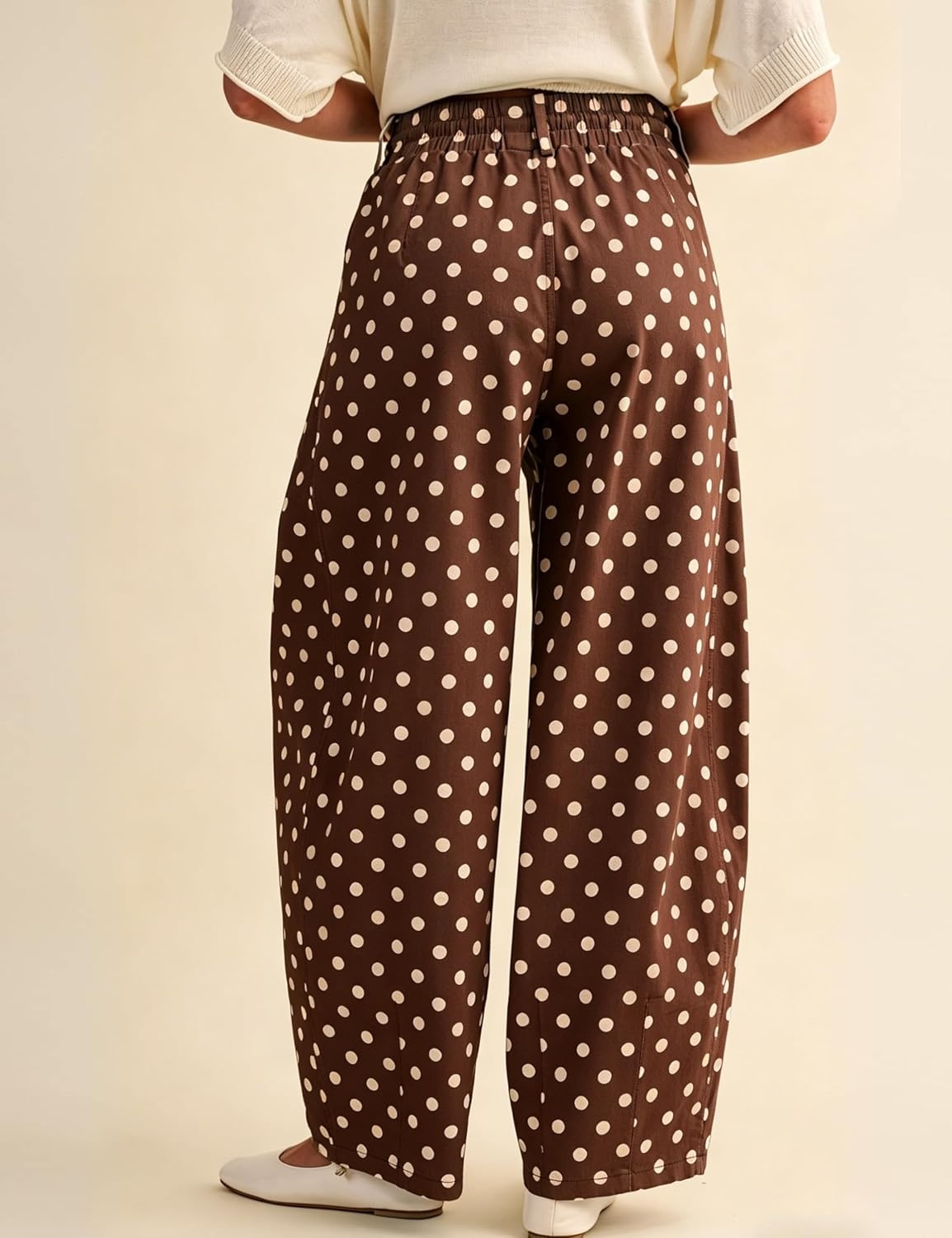 imageSpringrain Womens Polka Dot Wide Leg Pants High Waist Drawstring Pleated Barrel Trousers with PocketsCoffee