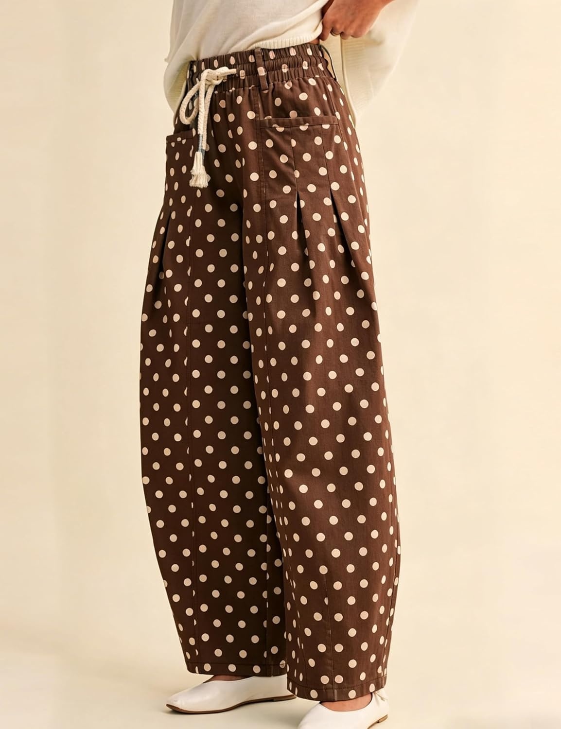 imageSpringrain Womens Polka Dot Wide Leg Pants High Waist Drawstring Pleated Barrel Trousers with PocketsCoffee