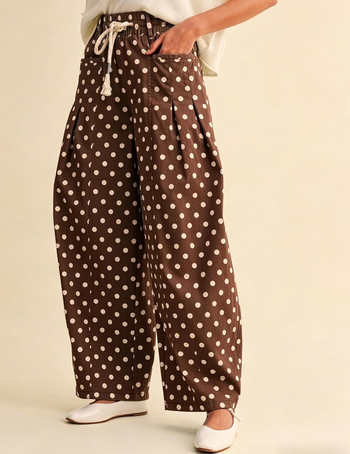imageSpringrain Womens Polka Dot Wide Leg Pants High Waist Drawstring Pleated Barrel Trousers with PocketsCoffee