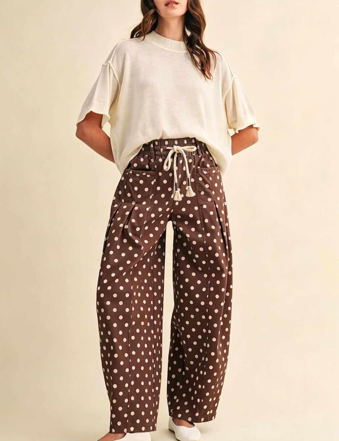 imageSpringrain Womens Polka Dot Wide Leg Pants High Waist Drawstring Pleated Barrel Trousers with PocketsCoffee