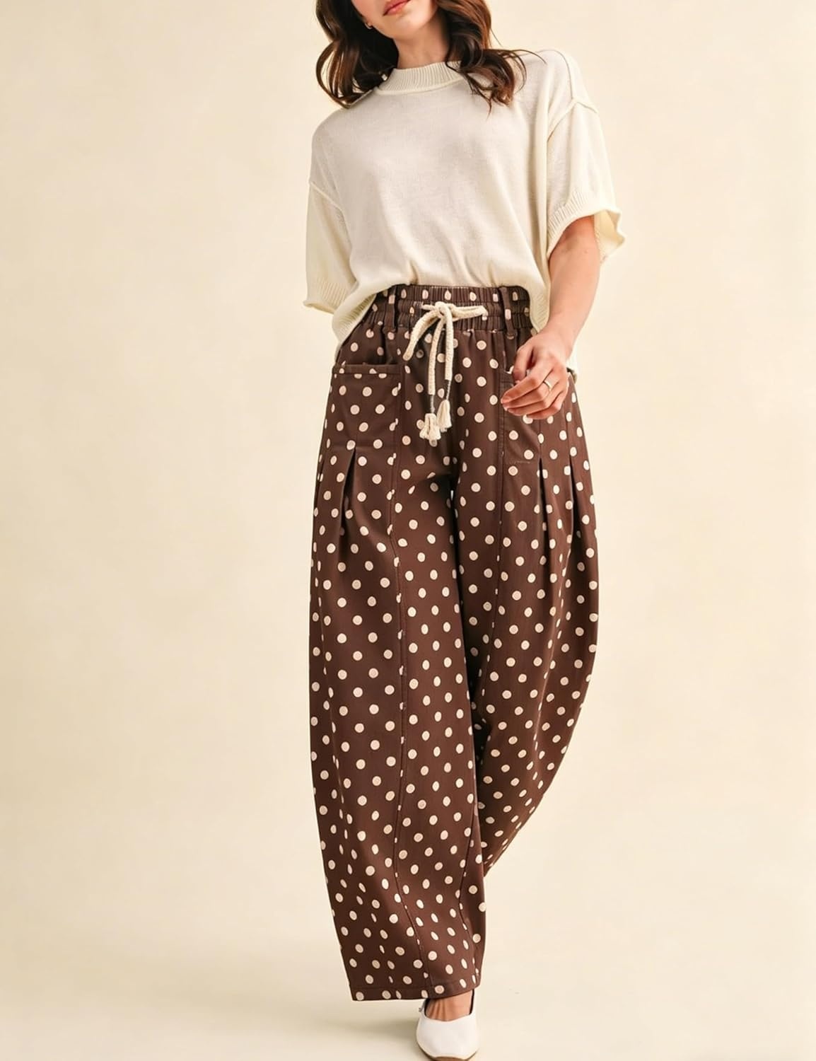 imageSpringrain Womens Polka Dot Wide Leg Pants High Waist Drawstring Pleated Barrel Trousers with PocketsCoffee