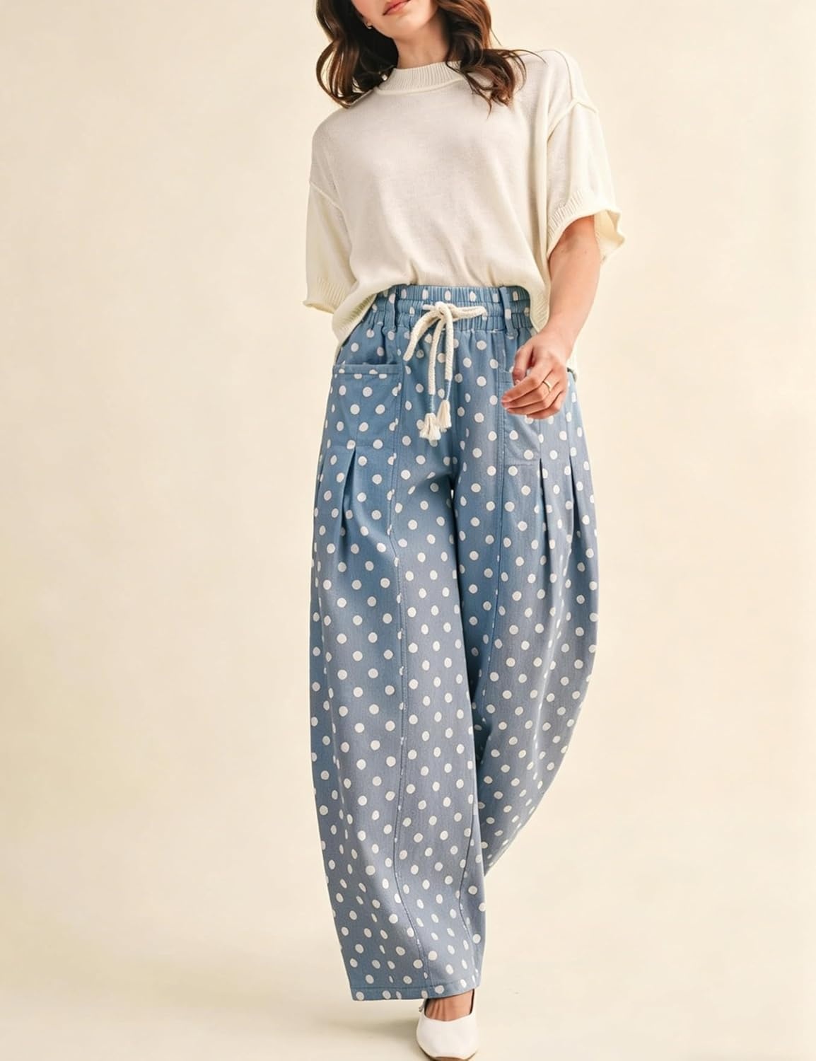 imageSpringrain Womens Polka Dot Wide Leg Pants High Waist Drawstring Pleated Barrel Trousers with PocketsDustyblue