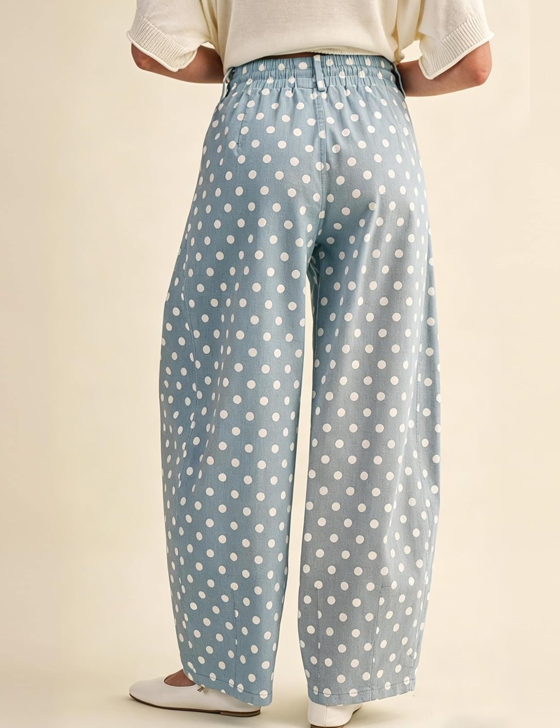 imageSpringrain Womens Polka Dot Wide Leg Pants High Waist Drawstring Pleated Barrel Trousers with PocketsDustyblue