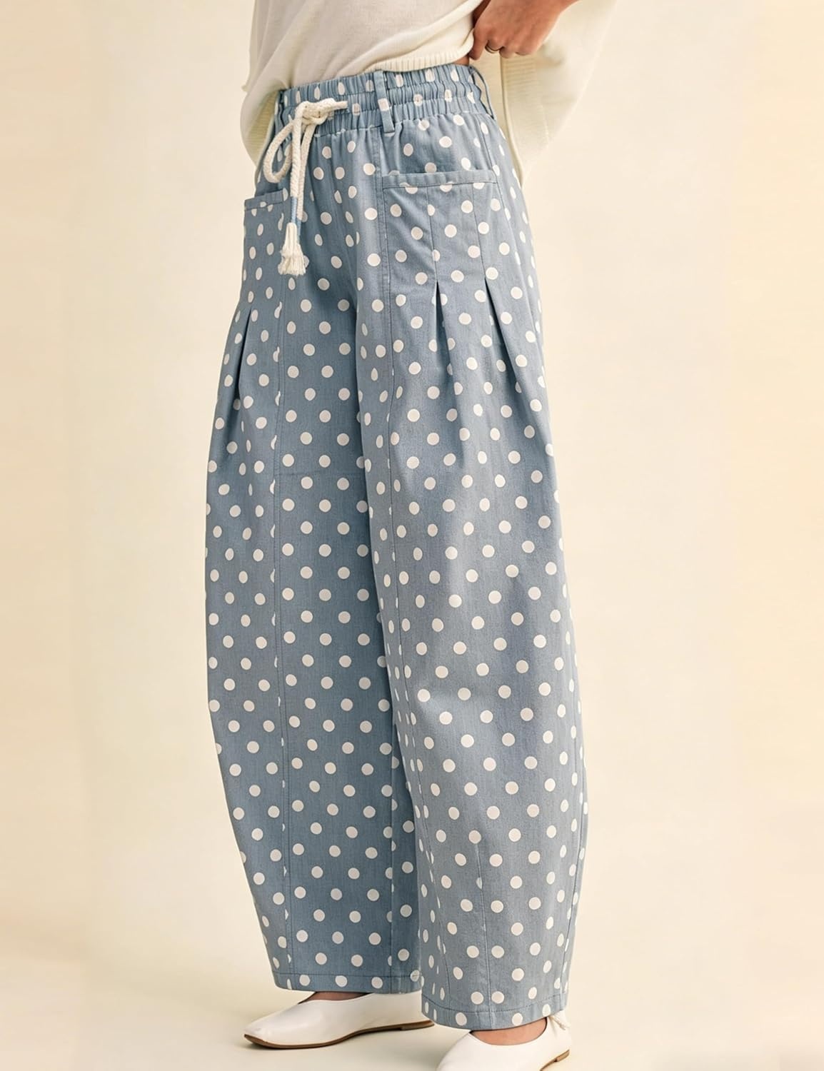 imageSpringrain Womens Polka Dot Wide Leg Pants High Waist Drawstring Pleated Barrel Trousers with PocketsDustyblue