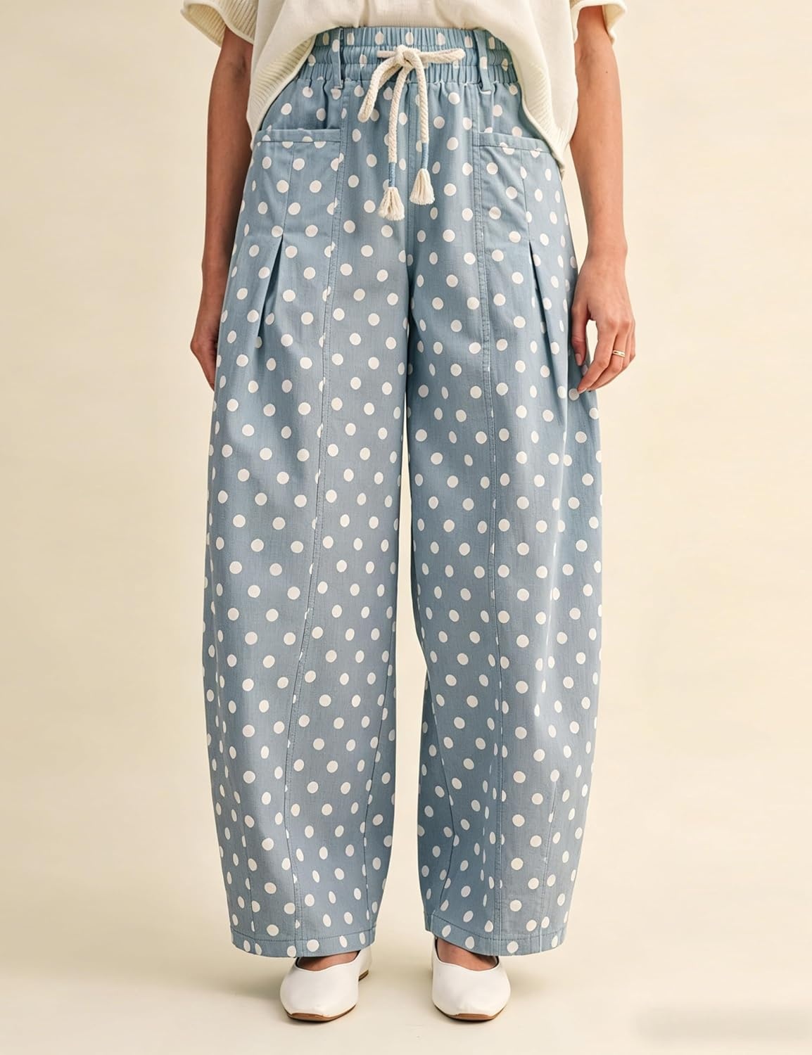 imageSpringrain Womens Polka Dot Wide Leg Pants High Waist Drawstring Pleated Barrel Trousers with PocketsDustyblue