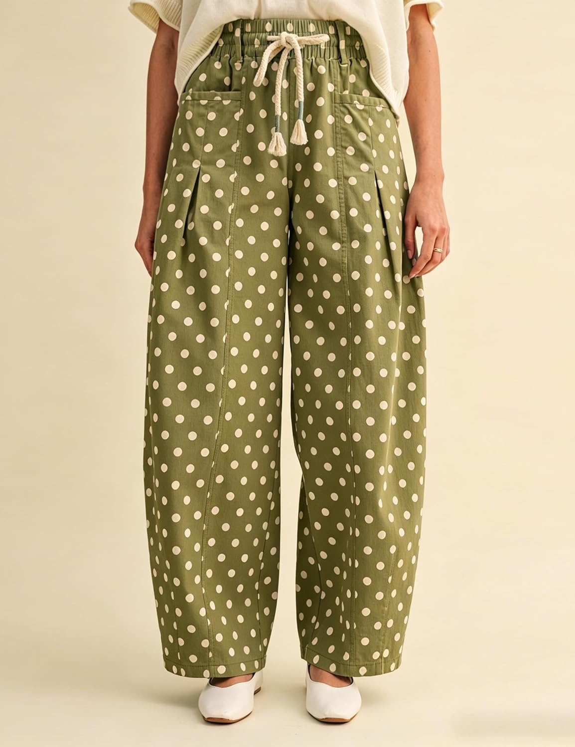 imageSpringrain Womens Polka Dot Wide Leg Pants High Waist Drawstring Pleated Barrel Trousers with PocketsGreen