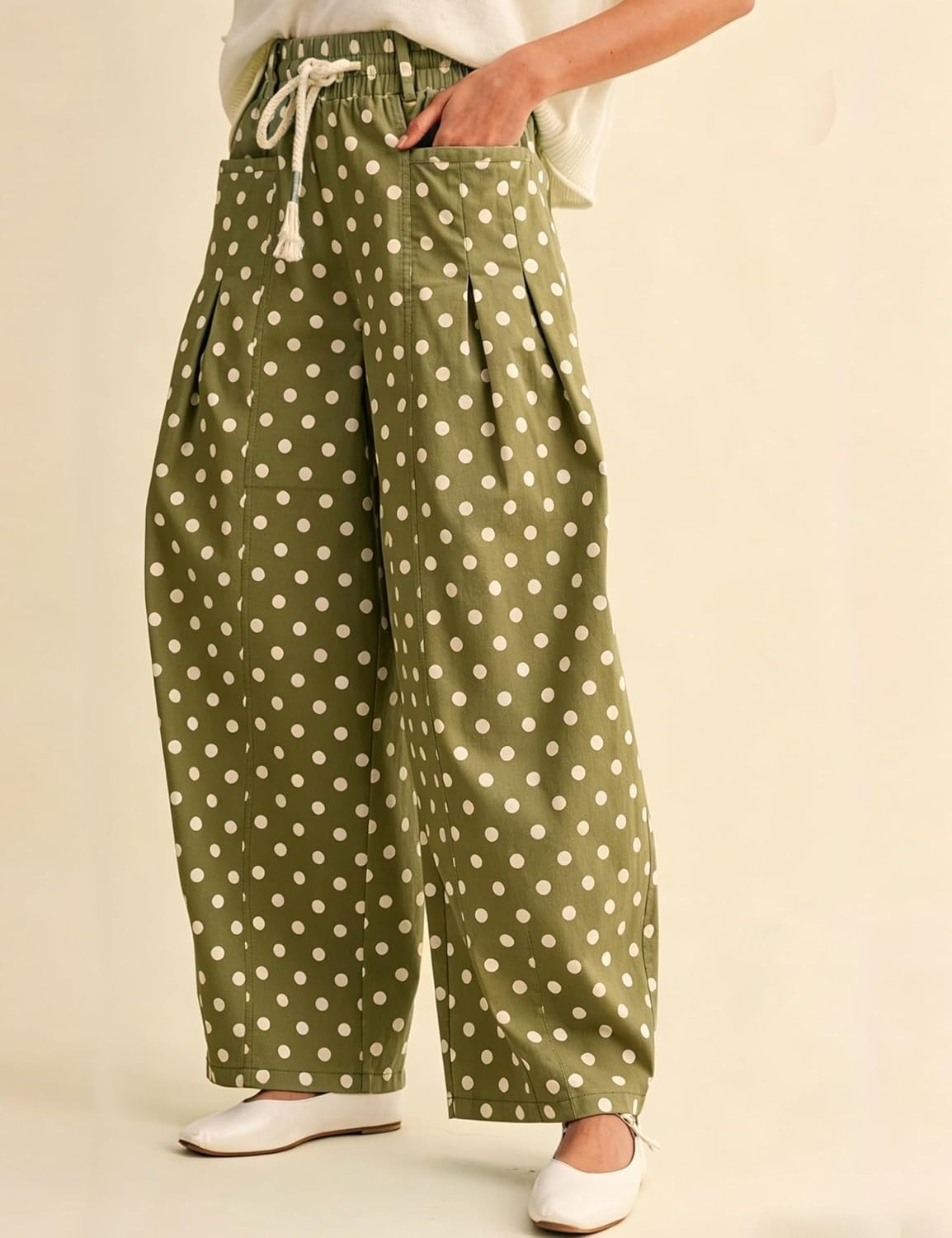 imageSpringrain Womens Polka Dot Wide Leg Pants High Waist Drawstring Pleated Barrel Trousers with PocketsGreen