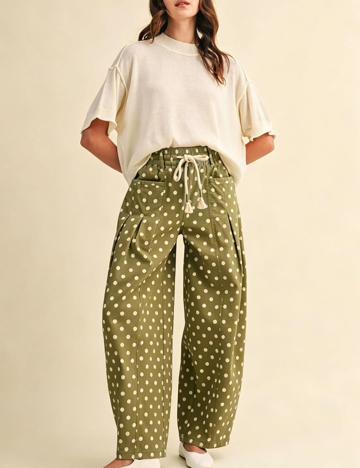 imageSpringrain Womens Polka Dot Wide Leg Pants High Waist Drawstring Pleated Barrel Trousers with PocketsGreen