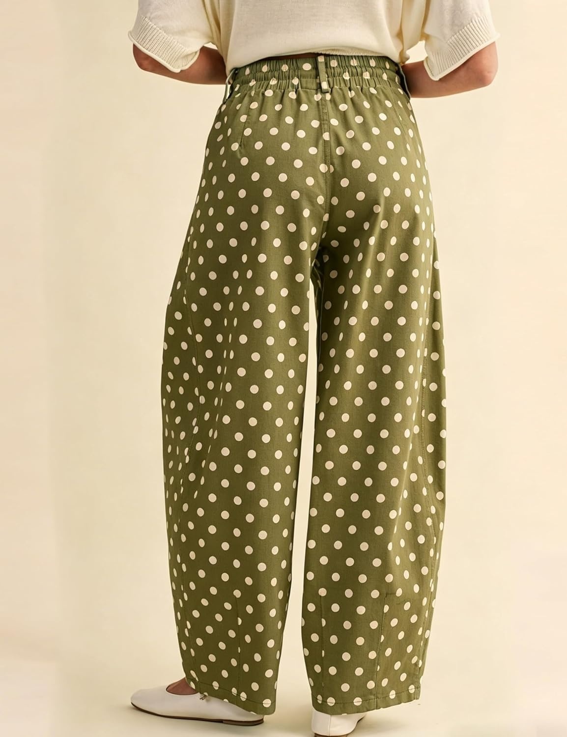 imageSpringrain Womens Polka Dot Wide Leg Pants High Waist Drawstring Pleated Barrel Trousers with PocketsGreen