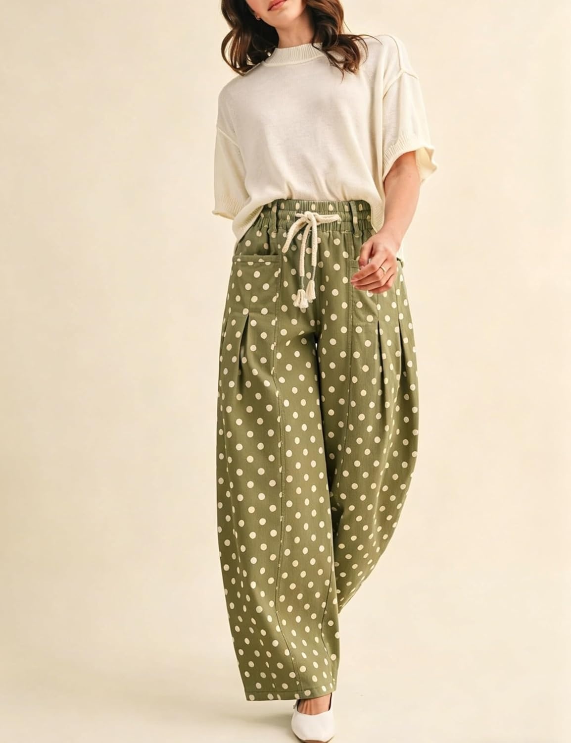 imageSpringrain Womens Polka Dot Wide Leg Pants High Waist Drawstring Pleated Barrel Trousers with PocketsGreen