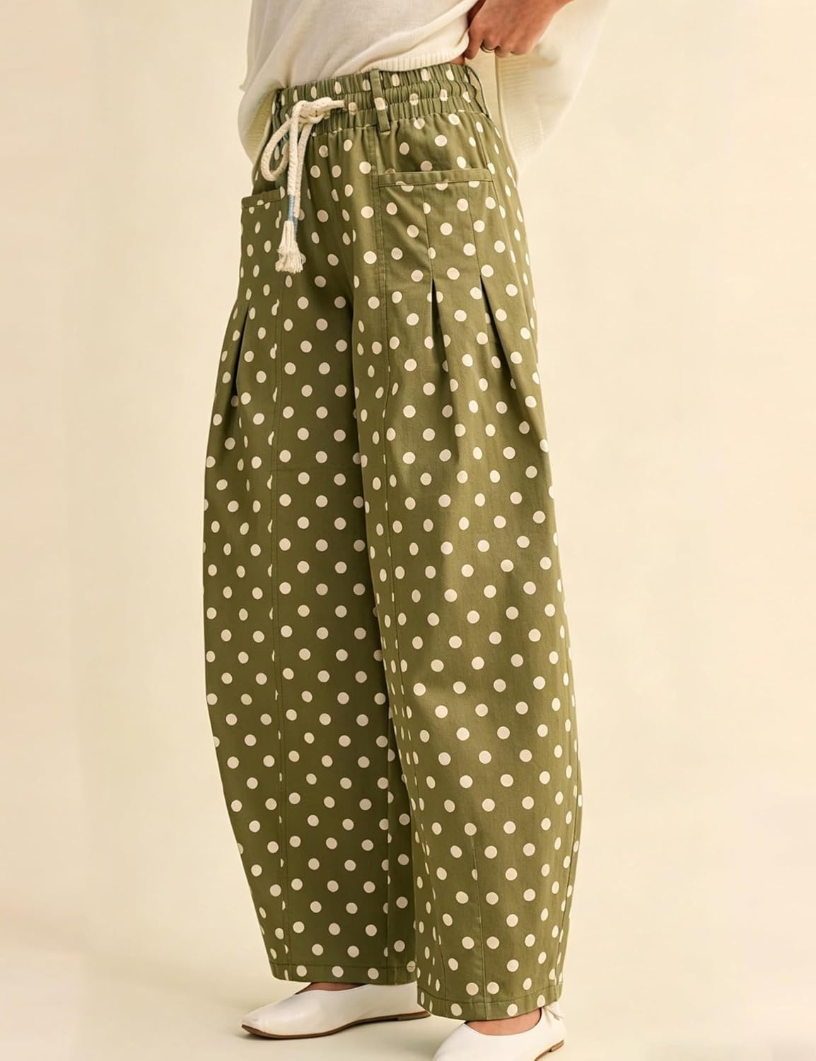 imageSpringrain Womens Polka Dot Wide Leg Pants High Waist Drawstring Pleated Barrel Trousers with PocketsGreen