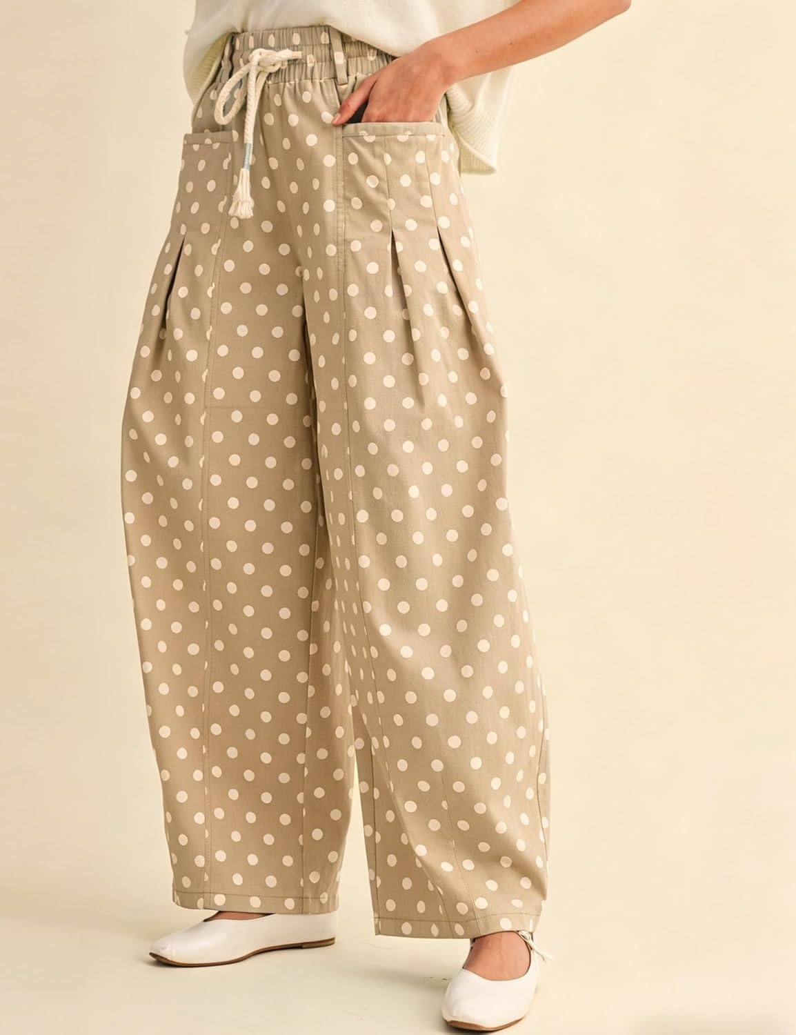 imageSpringrain Womens Polka Dot Wide Leg Pants High Waist Drawstring Pleated Barrel Trousers with PocketsKhaki