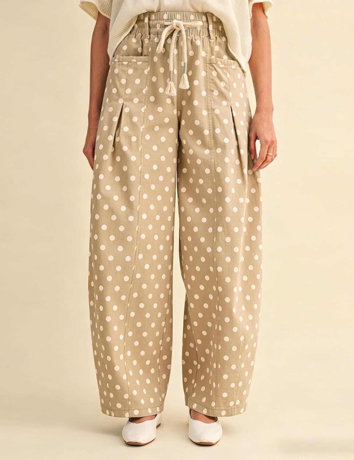 imageSpringrain Womens Polka Dot Wide Leg Pants High Waist Drawstring Pleated Barrel Trousers with PocketsKhaki