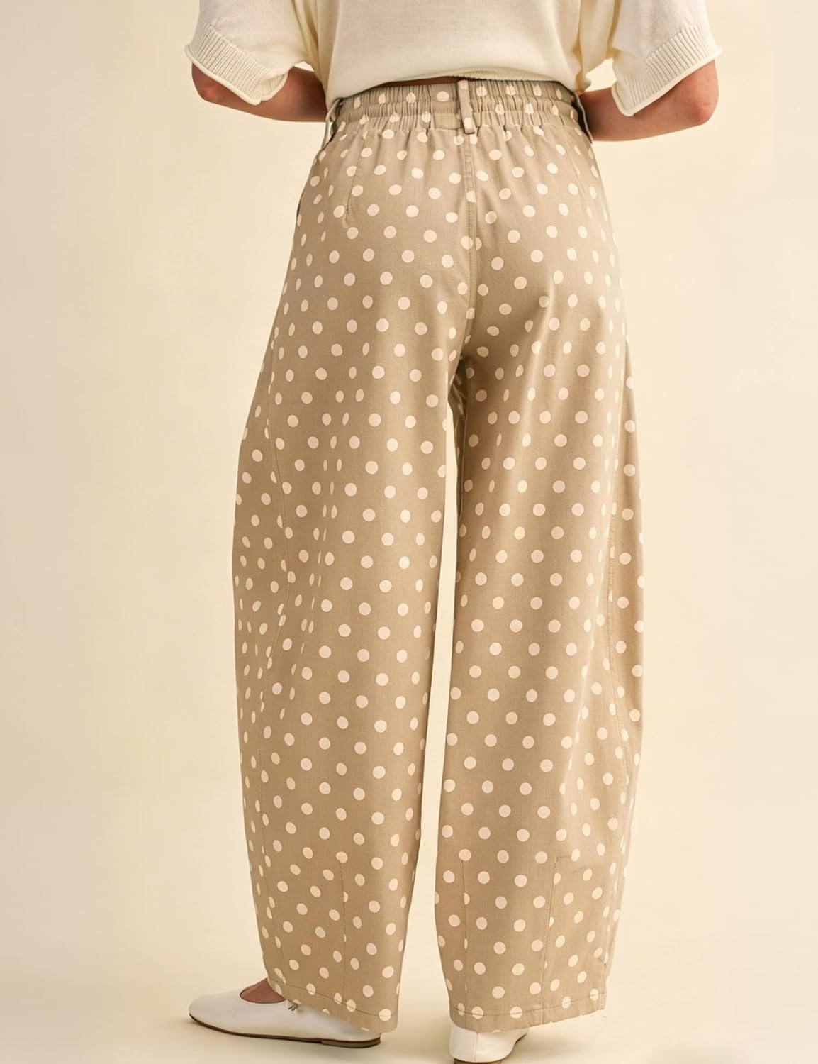 imageSpringrain Womens Polka Dot Wide Leg Pants High Waist Drawstring Pleated Barrel Trousers with PocketsKhaki